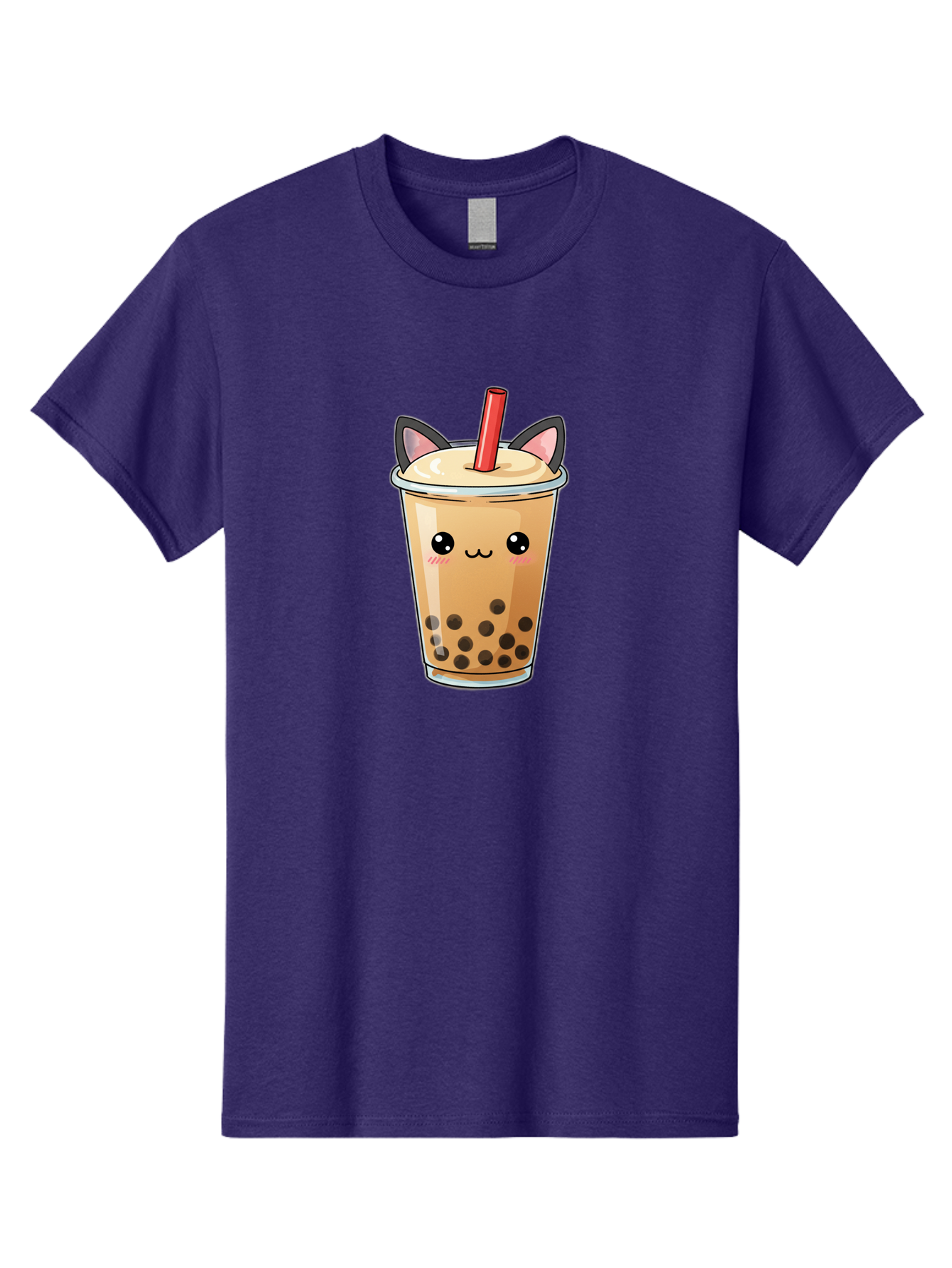 Boba-Cat Men'S Graphic Tee, 100% Cotton, Comfortable Casual Summer Wear, Machine Washable, Boba Tea, Milk Tea, Bubble Tea, Kawaii Culture, Cute Drink, Cartoon Character, Red Straw, Black Boba, Adorable Face, Anime Style, Tea Lover, Bac643