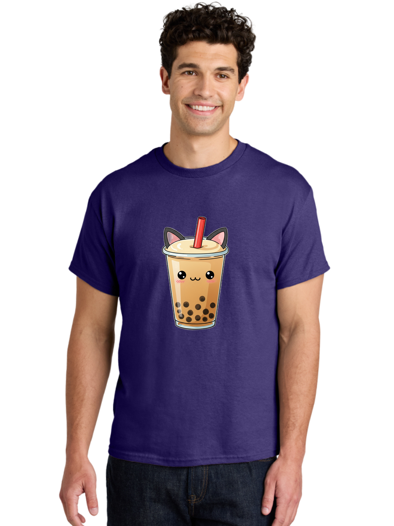Boba-Cat Men'S Graphic Tee, 100% Cotton, Comfortable Casual Summer Wear, Machine Washable, Boba Tea, Milk Tea, Bubble Tea, Kawaii Culture, Cute Drink, Cartoon Character, Red Straw, Black Boba, Adorable Face, Anime Style, Tea Lover, Bac643