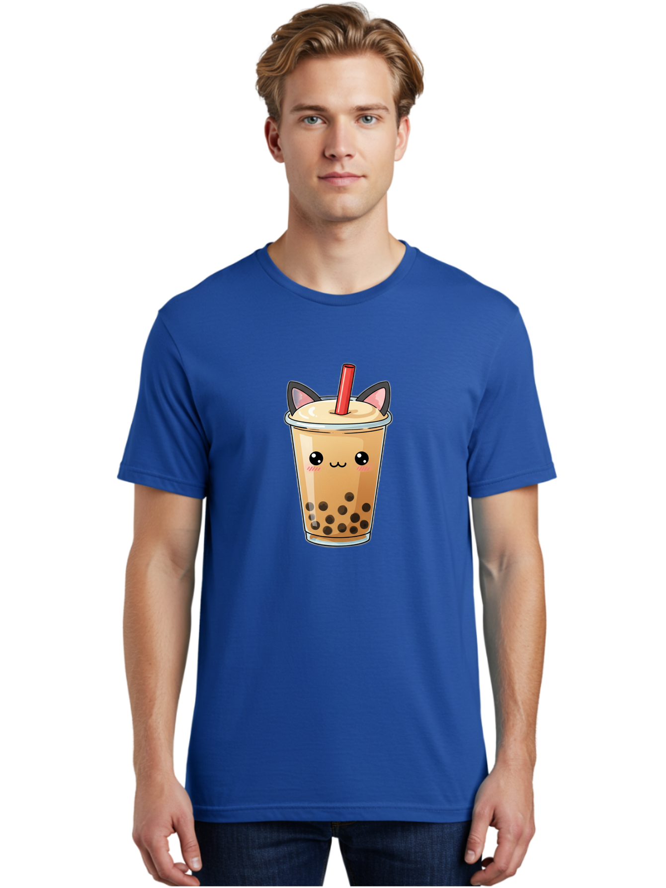 Boba-Cat Men'S Graphic Tee, 100% Cotton, Comfortable Casual Summer Wear, Machine Washable, Boba Tea, Milk Tea, Bubble Tea, Kawaii Culture, Cute Drink, Cartoon Character, Red Straw, Black Boba, Adorable Face, Anime Style, Tea Lover, Bac643
