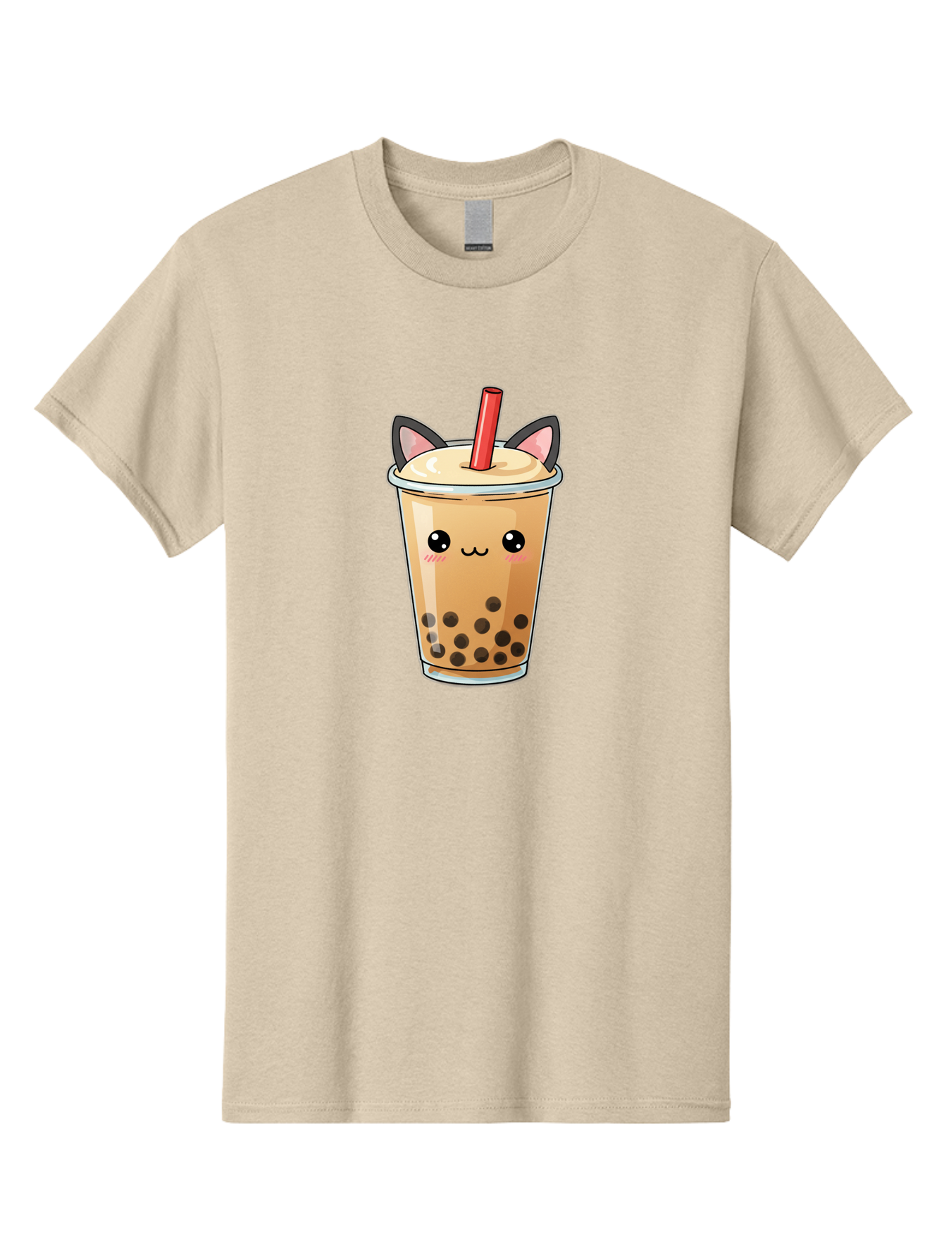 Boba-Cat Men'S Graphic Tee, 100% Cotton, Comfortable Casual Summer Wear, Machine Washable, Boba Tea, Milk Tea, Bubble Tea, Kawaii Culture, Cute Drink, Cartoon Character, Red Straw, Black Boba, Adorable Face, Anime Style, Tea Lover, Bac643