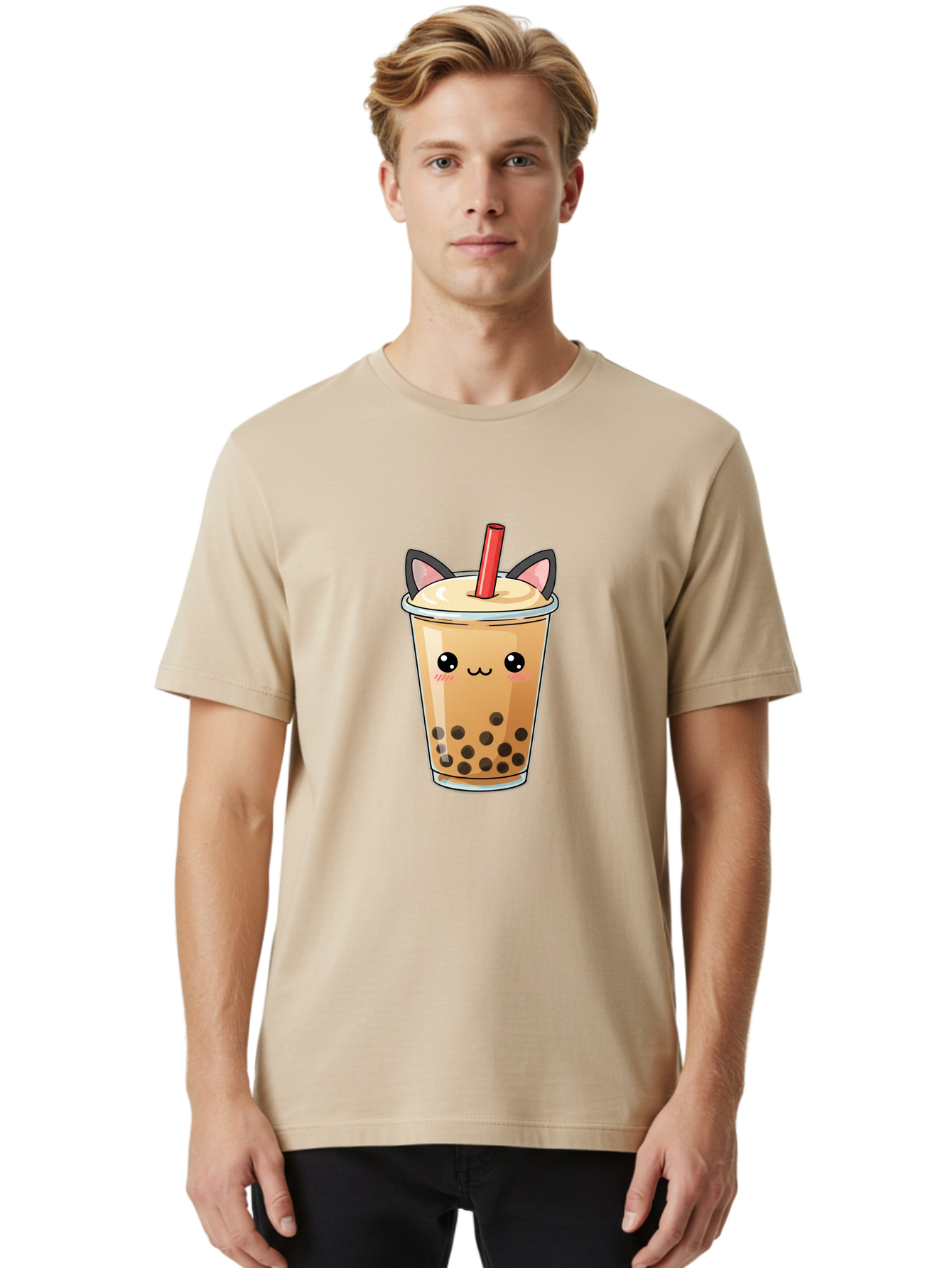 Boba-Cat Men'S Graphic Tee, 100% Cotton, Comfortable Casual Summer Wear, Machine Washable, Boba Tea, Milk Tea, Bubble Tea, Kawaii Culture, Cute Drink, Cartoon Character, Red Straw, Black Boba, Adorable Face, Anime Style, Tea Lover, Bac643