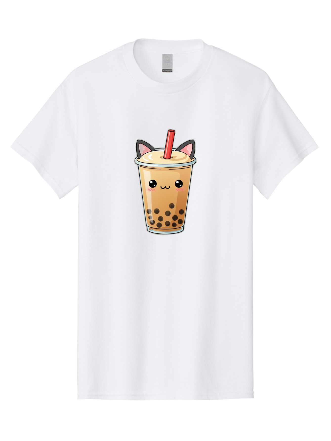 Boba-Cat Men'S Graphic Tee, 100% Cotton, Comfortable Casual Summer Wear, Machine Washable, Boba Tea, Milk Tea, Bubble Tea, Kawaii Culture, Cute Drink, Cartoon Character, Red Straw, Black Boba, Adorable Face, Anime Style, Tea Lover, Bac643