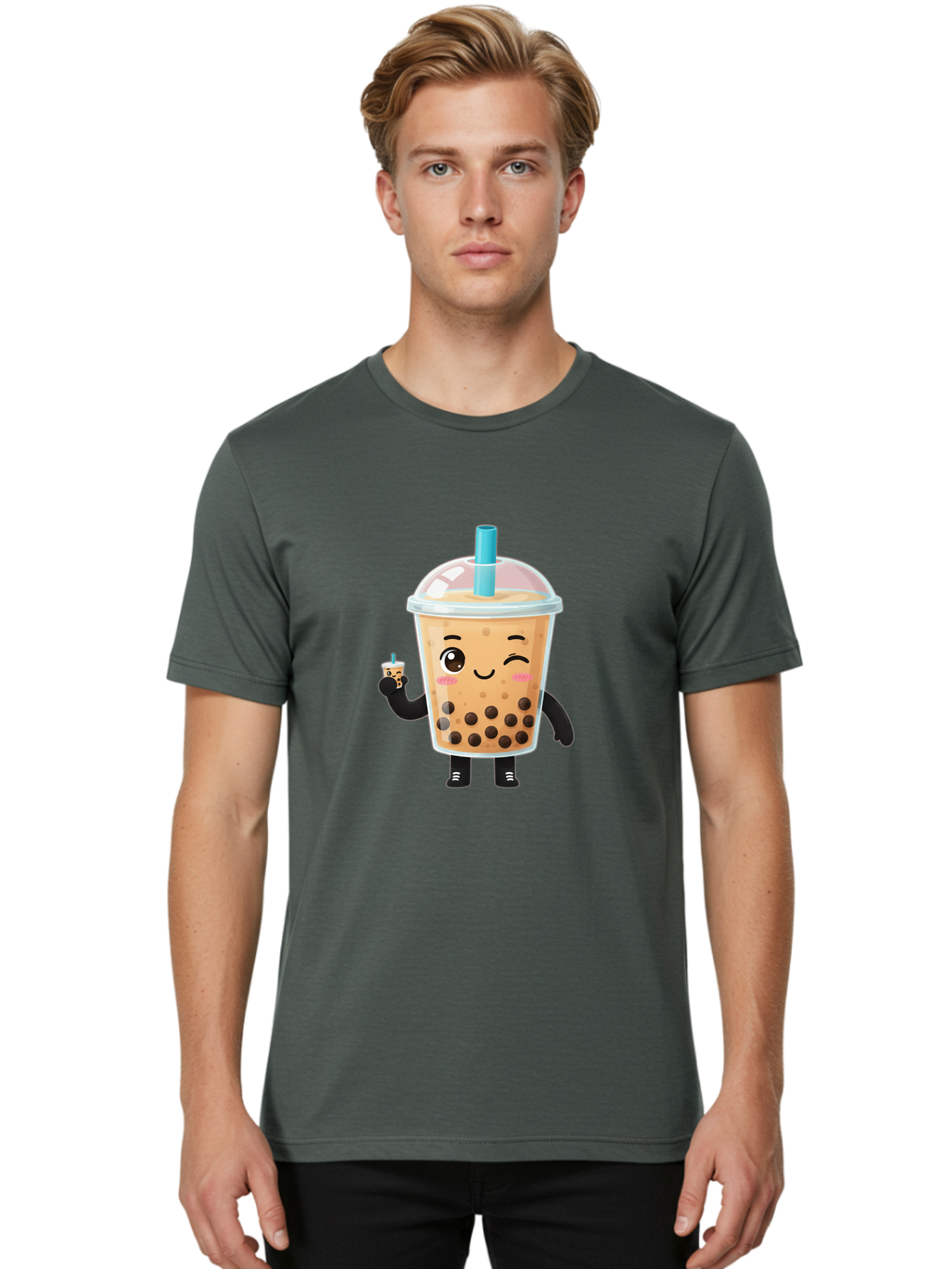 Boba-Character Men'S Graphic Tee, 100% Cotton, Comfortable Casual Summer Wear, Machine Washable, Boba Tea, Bubble Tea, Cute Character, Smiling Cup, Black Boba, Tea Drink, Beverage Character, Happy Face, Cartoon Style, Tea Lover Bac644