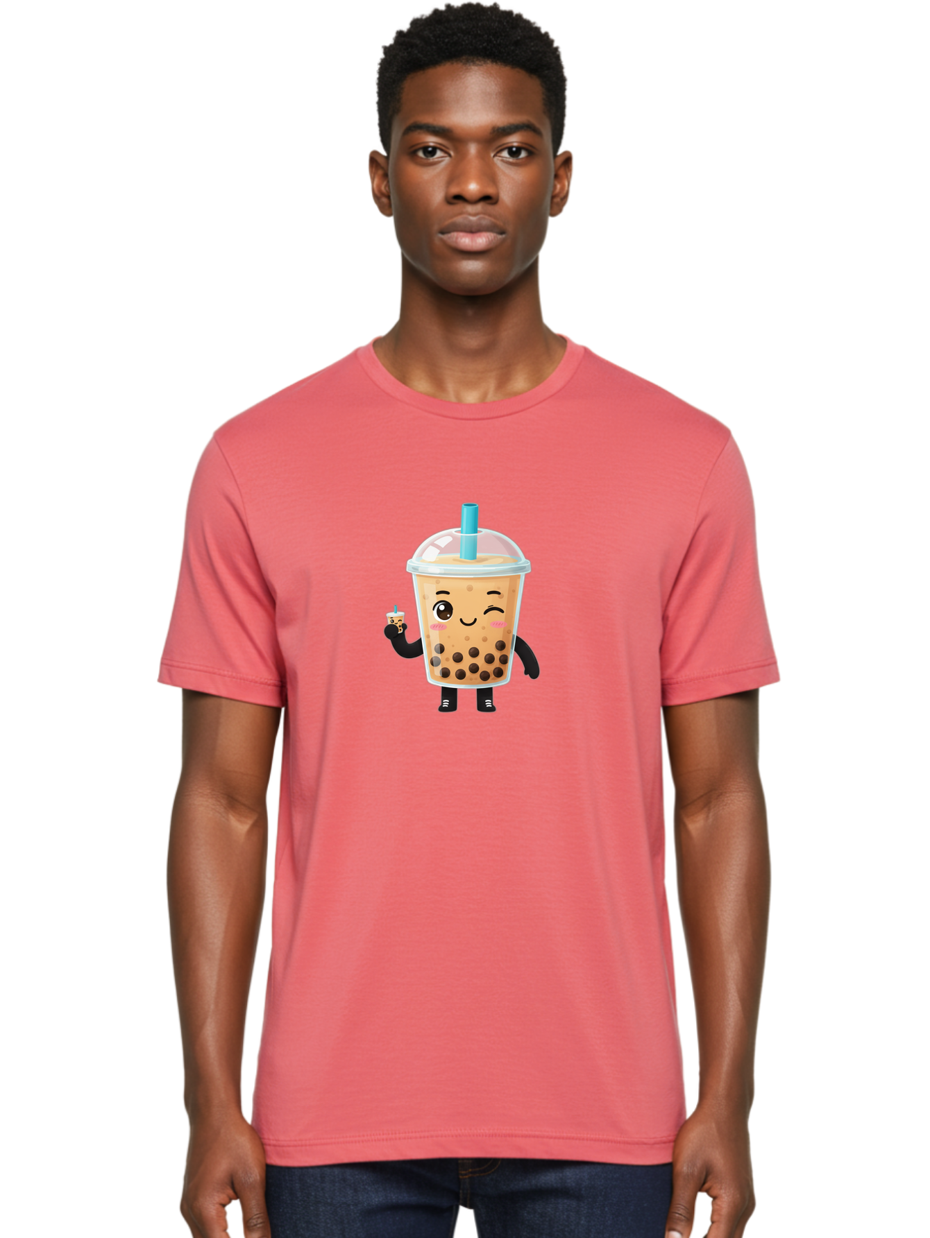 Boba-Character Men'S Graphic Tee, 100% Cotton, Comfortable Casual Summer Wear, Machine Washable, Boba Tea, Bubble Tea, Cute Character, Smiling Cup, Black Boba, Tea Drink, Beverage Character, Happy Face, Cartoon Style, Tea Lover Bac644