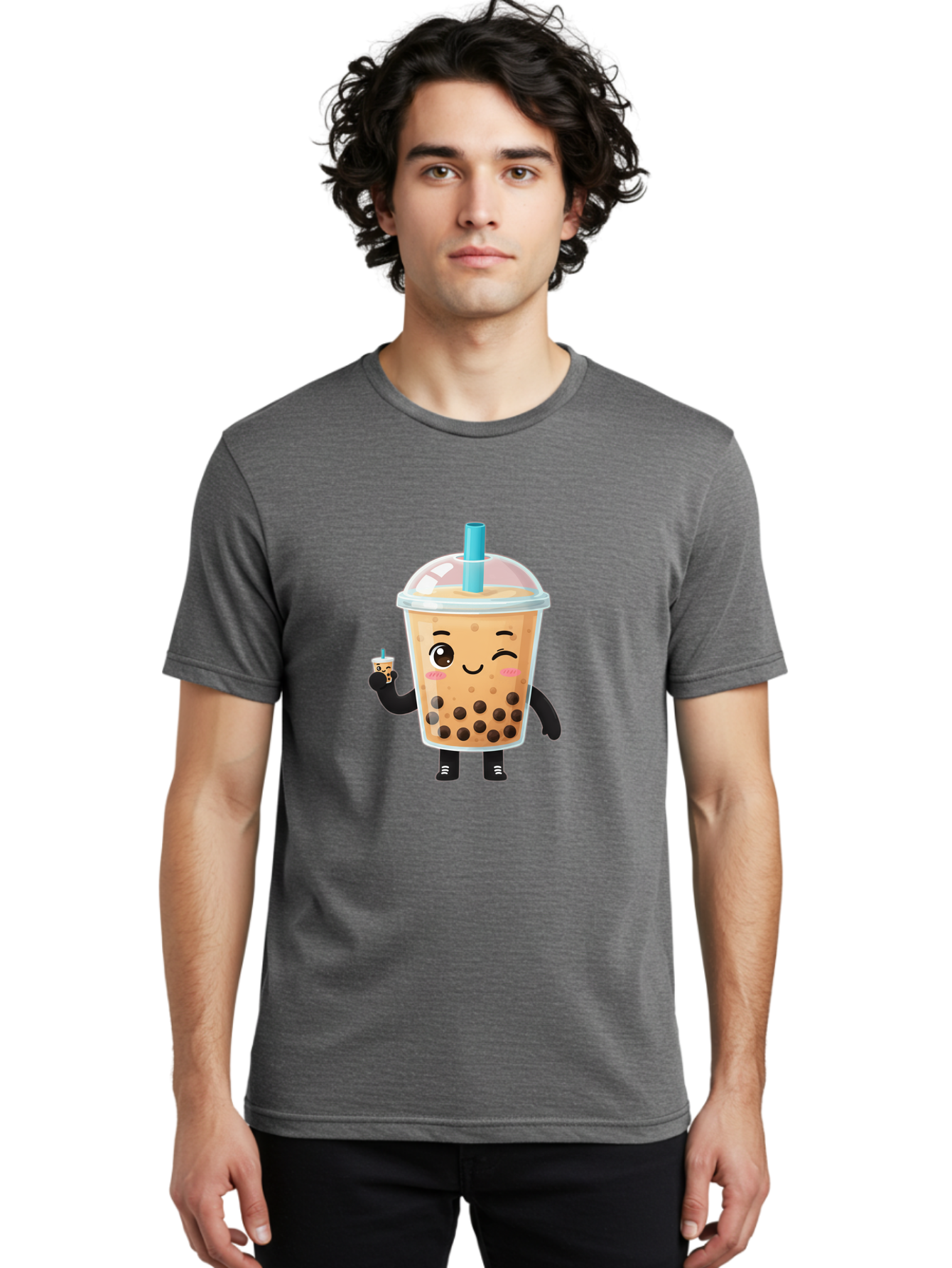 Boba-Character Men'S Graphic Tee, 100% Cotton, Comfortable Casual Summer Wear, Machine Washable, Boba Tea, Bubble Tea, Cute Character, Smiling Cup, Black Boba, Tea Drink, Beverage Character, Happy Face, Cartoon Style, Tea Lover Bac644
