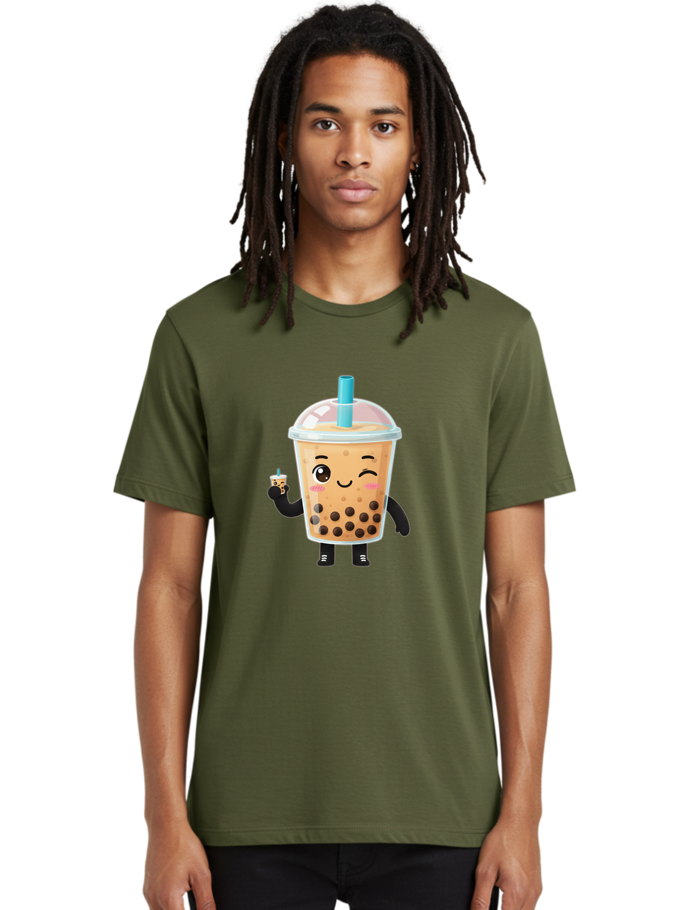 Boba-Character Men'S Graphic Tee, 100% Cotton, Comfortable Casual Summer Wear, Machine Washable, Boba Tea, Bubble Tea, Cute Character, Smiling Cup, Black Boba, Tea Drink, Beverage Character, Happy Face, Cartoon Style, Tea Lover Bac644