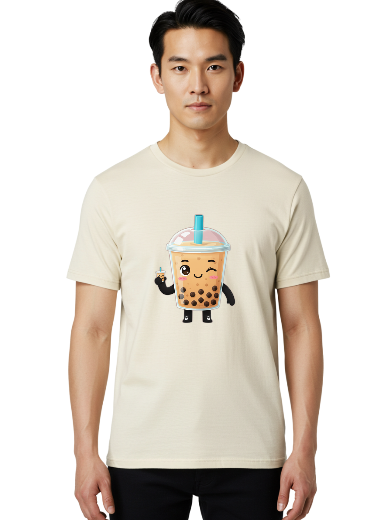 Boba-Character Men'S Graphic Tee, 100% Cotton, Comfortable Casual Summer Wear, Machine Washable, Boba Tea, Bubble Tea, Cute Character, Smiling Cup, Black Boba, Tea Drink, Beverage Character, Happy Face, Cartoon Style, Tea Lover Bac644