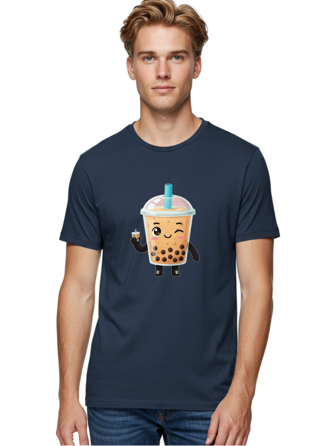 Boba-Character Men'S Graphic Tee, 100% Cotton, Comfortable Casual Summer Wear, Machine Washable, Boba Tea, Bubble Tea, Cute Character, Smiling Cup, Black Boba, Tea Drink, Beverage Character, Happy Face, Cartoon Style, Tea Lover Bac644