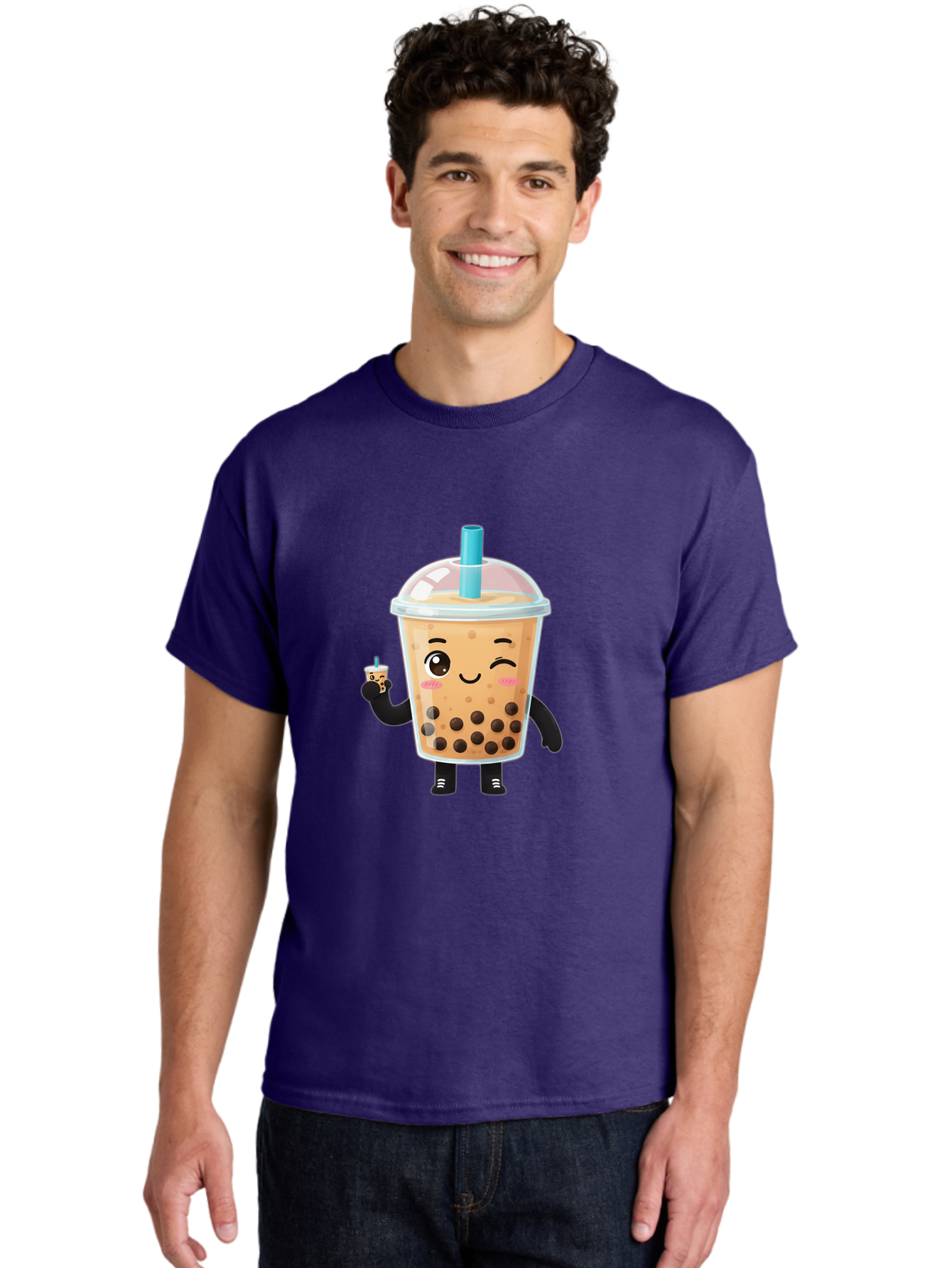 Boba-Character Men'S Graphic Tee, 100% Cotton, Comfortable Casual Summer Wear, Machine Washable, Boba Tea, Bubble Tea, Cute Character, Smiling Cup, Black Boba, Tea Drink, Beverage Character, Happy Face, Cartoon Style, Tea Lover Bac644