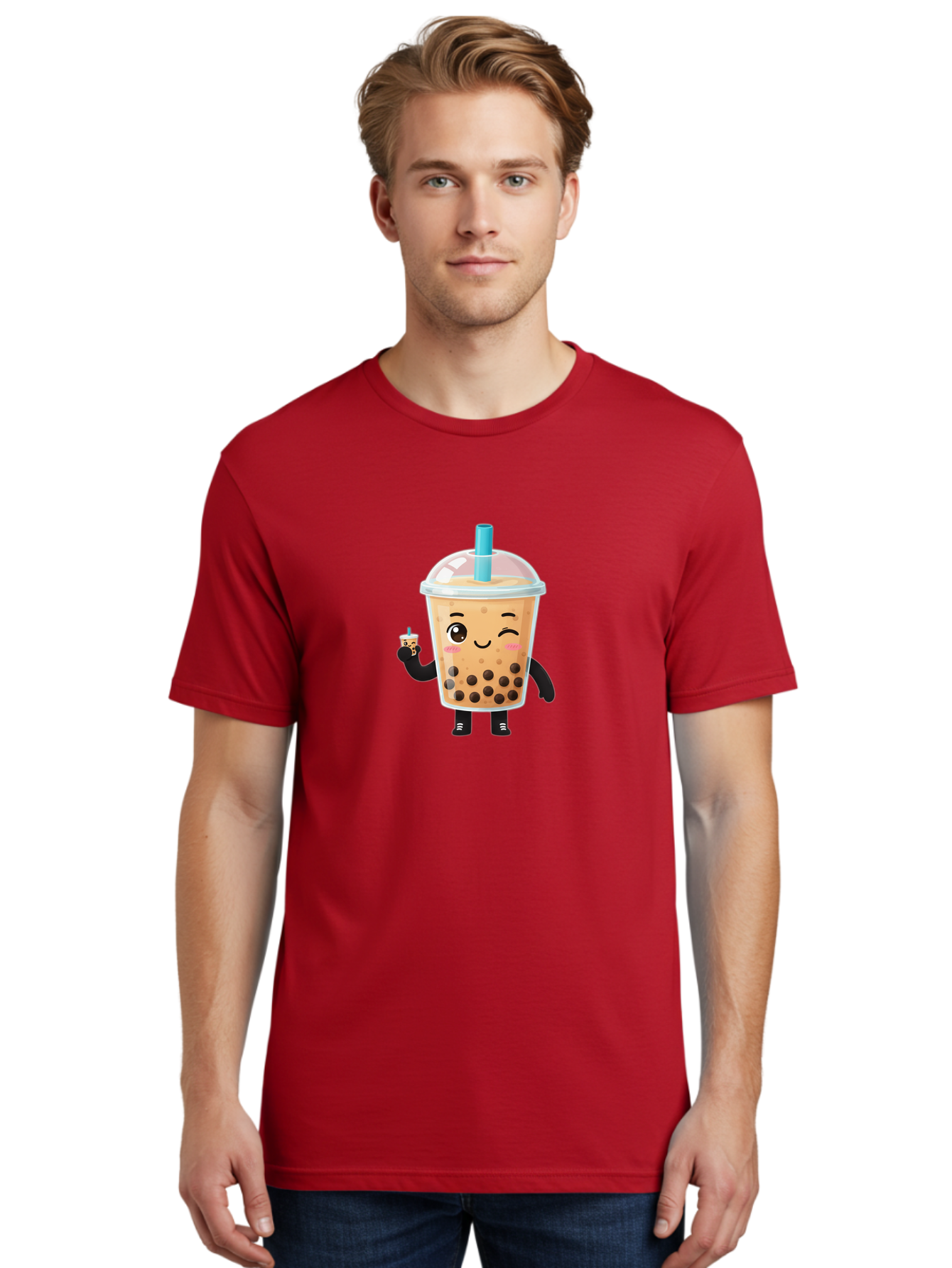 Boba-Character Men'S Graphic Tee, 100% Cotton, Comfortable Casual Summer Wear, Machine Washable, Boba Tea, Bubble Tea, Cute Character, Smiling Cup, Black Boba, Tea Drink, Beverage Character, Happy Face, Cartoon Style, Tea Lover Bac644