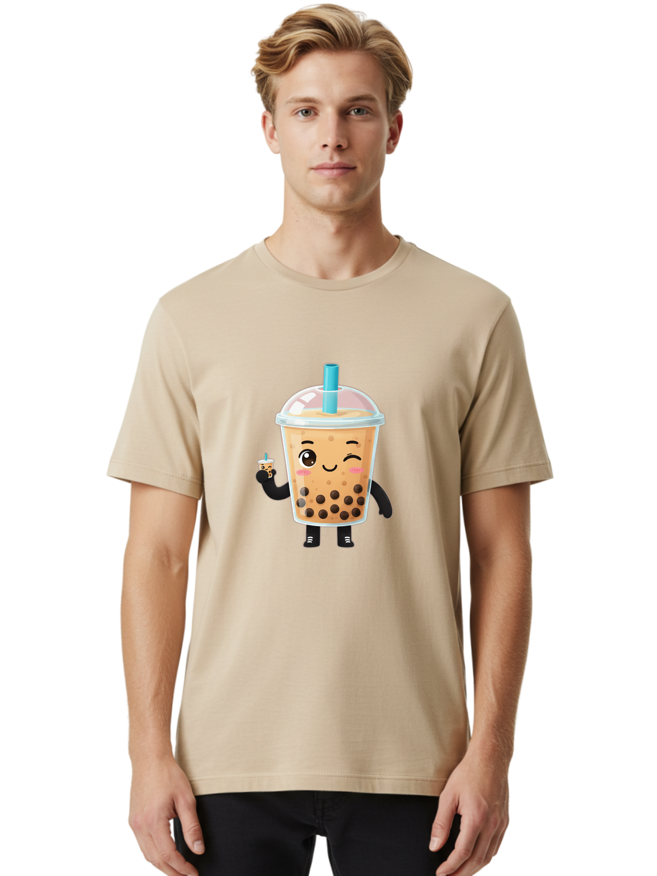 Boba-Character Men'S Graphic Tee, 100% Cotton, Comfortable Casual Summer Wear, Machine Washable, Boba Tea, Bubble Tea, Cute Character, Smiling Cup, Black Boba, Tea Drink, Beverage Character, Happy Face, Cartoon Style, Tea Lover Bac644