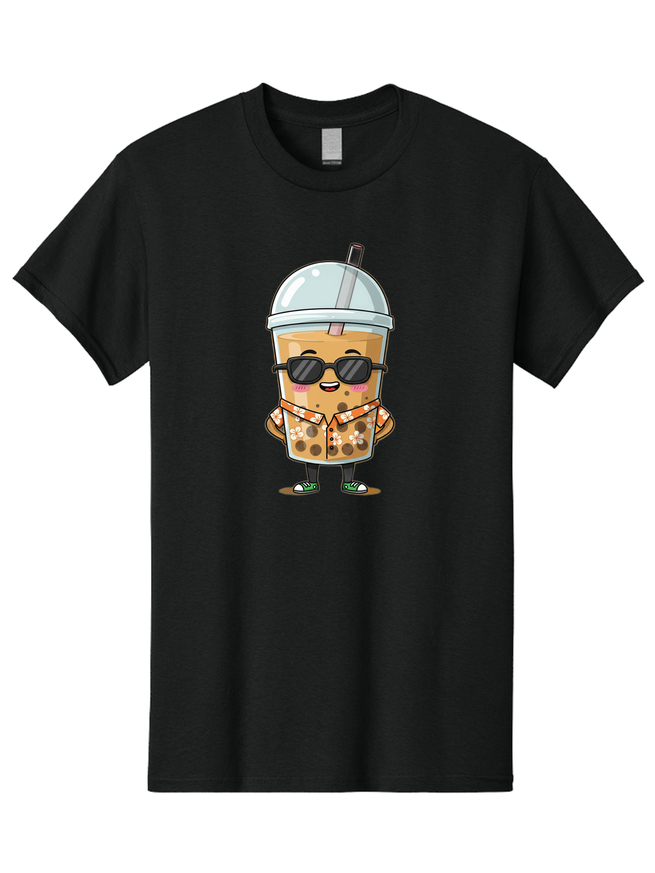 Boba-Cool Men'S Graphic Tee, 100% Cotton, Comfortable Casual Summer Wear, Machine Washable, Bubble Tea Character, Kawaii Drink, Sunglasses, Floral Shirt, Cute Cartoon, Boba Tea, Happy Expression, Trendy Vibe, Refreshing Beverage Bac645