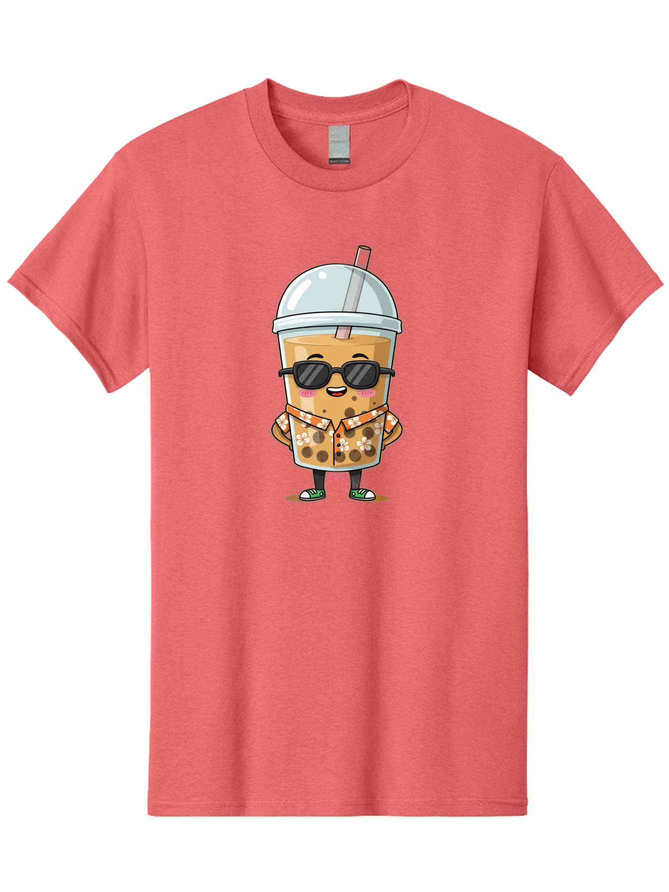 Boba-Cool Men'S Graphic Tee, 100% Cotton, Comfortable Casual Summer Wear, Machine Washable, Bubble Tea Character, Kawaii Drink, Sunglasses, Floral Shirt, Cute Cartoon, Boba Tea, Happy Expression, Trendy Vibe, Refreshing Beverage Bac645