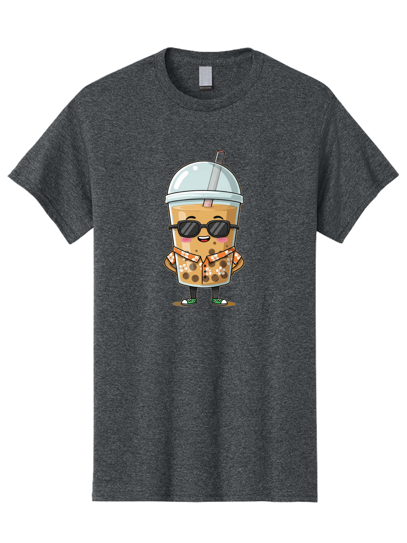 Boba-Cool Men'S Graphic Tee, 100% Cotton, Comfortable Casual Summer Wear, Machine Washable, Bubble Tea Character, Kawaii Drink, Sunglasses, Floral Shirt, Cute Cartoon, Boba Tea, Happy Expression, Trendy Vibe, Refreshing Beverage Bac645