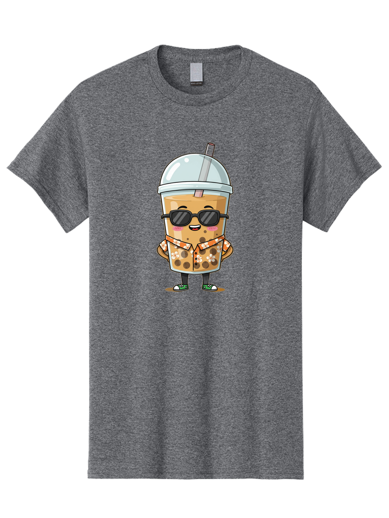 Boba-Cool Men'S Graphic Tee, 100% Cotton, Comfortable Casual Summer Wear, Machine Washable, Bubble Tea Character, Kawaii Drink, Sunglasses, Floral Shirt, Cute Cartoon, Boba Tea, Happy Expression, Trendy Vibe, Refreshing Beverage Bac645