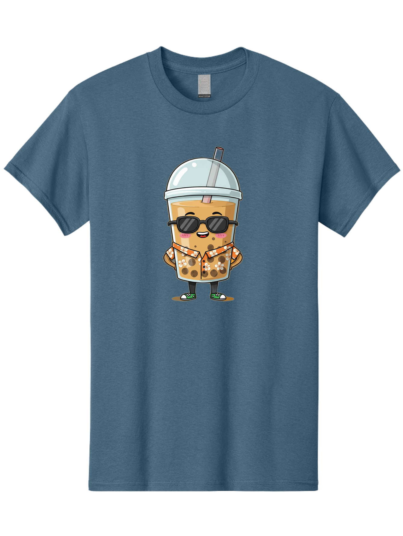Boba-Cool Men'S Graphic Tee, 100% Cotton, Comfortable Casual Summer Wear, Machine Washable, Bubble Tea Character, Kawaii Drink, Sunglasses, Floral Shirt, Cute Cartoon, Boba Tea, Happy Expression, Trendy Vibe, Refreshing Beverage Bac645