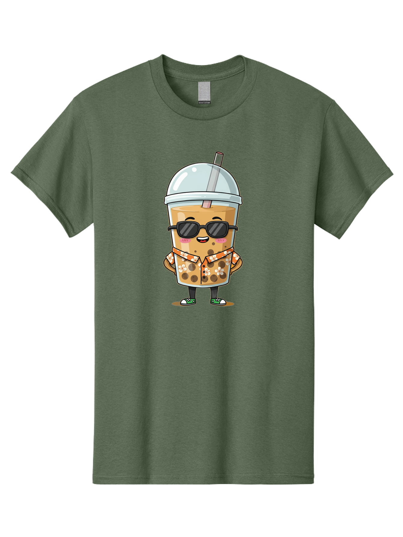 Boba-Cool Men'S Graphic Tee, 100% Cotton, Comfortable Casual Summer Wear, Machine Washable, Bubble Tea Character, Kawaii Drink, Sunglasses, Floral Shirt, Cute Cartoon, Boba Tea, Happy Expression, Trendy Vibe, Refreshing Beverage Bac645