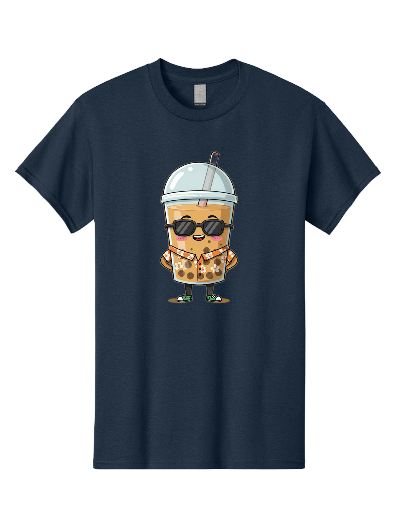 Boba-Cool Men'S Graphic Tee, 100% Cotton, Comfortable Casual Summer Wear, Machine Washable, Bubble Tea Character, Kawaii Drink, Sunglasses, Floral Shirt, Cute Cartoon, Boba Tea, Happy Expression, Trendy Vibe, Refreshing Beverage Bac645