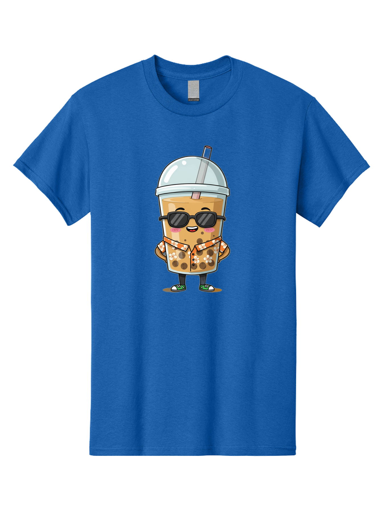 Boba-Cool Men'S Graphic Tee, 100% Cotton, Comfortable Casual Summer Wear, Machine Washable, Bubble Tea Character, Kawaii Drink, Sunglasses, Floral Shirt, Cute Cartoon, Boba Tea, Happy Expression, Trendy Vibe, Refreshing Beverage Bac645