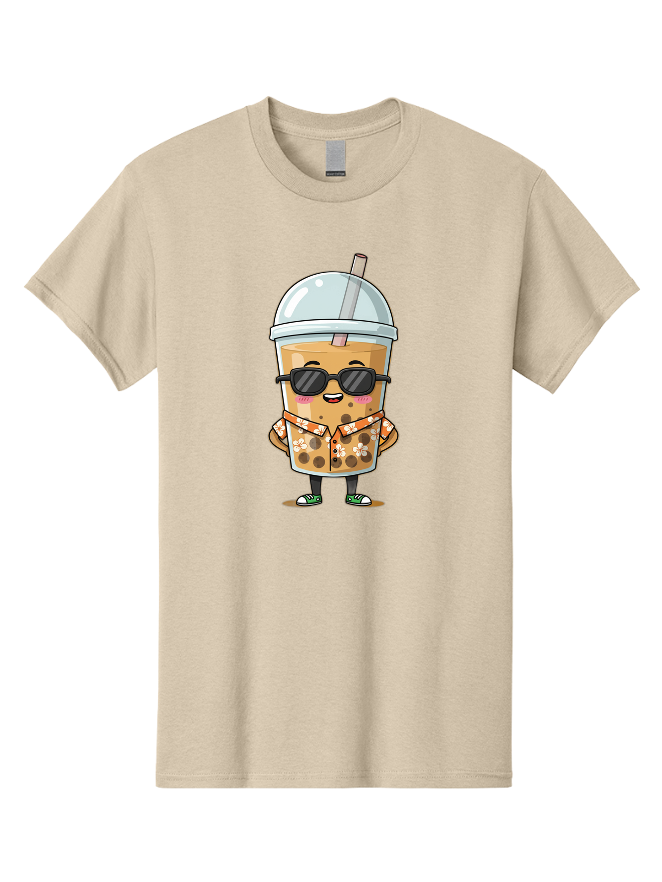 Boba-Cool Men'S Graphic Tee, 100% Cotton, Comfortable Casual Summer Wear, Machine Washable, Bubble Tea Character, Kawaii Drink, Sunglasses, Floral Shirt, Cute Cartoon, Boba Tea, Happy Expression, Trendy Vibe, Refreshing Beverage Bac645