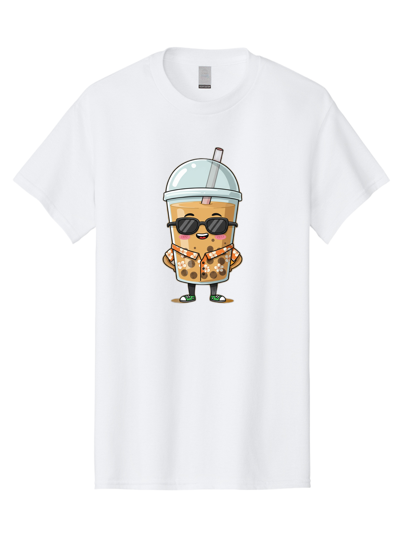 Boba-Cool Men'S Graphic Tee, 100% Cotton, Comfortable Casual Summer Wear, Machine Washable, Bubble Tea Character, Kawaii Drink, Sunglasses, Floral Shirt, Cute Cartoon, Boba Tea, Happy Expression, Trendy Vibe, Refreshing Beverage Bac645