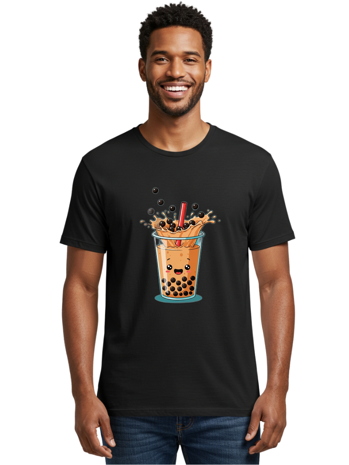 Boba-Drink Men'S Graphic Tee, 100% Cotton, Comfortable Casual Summer Wear, Machine Washable, Boba Tea, Milk Tea, Bubble Tea, Cartoon Illustration, Happy Face, Red Straw, Splashing Tapioca Pearls, Sweet Drink, Fun Beverage, Cute Design Bac646
