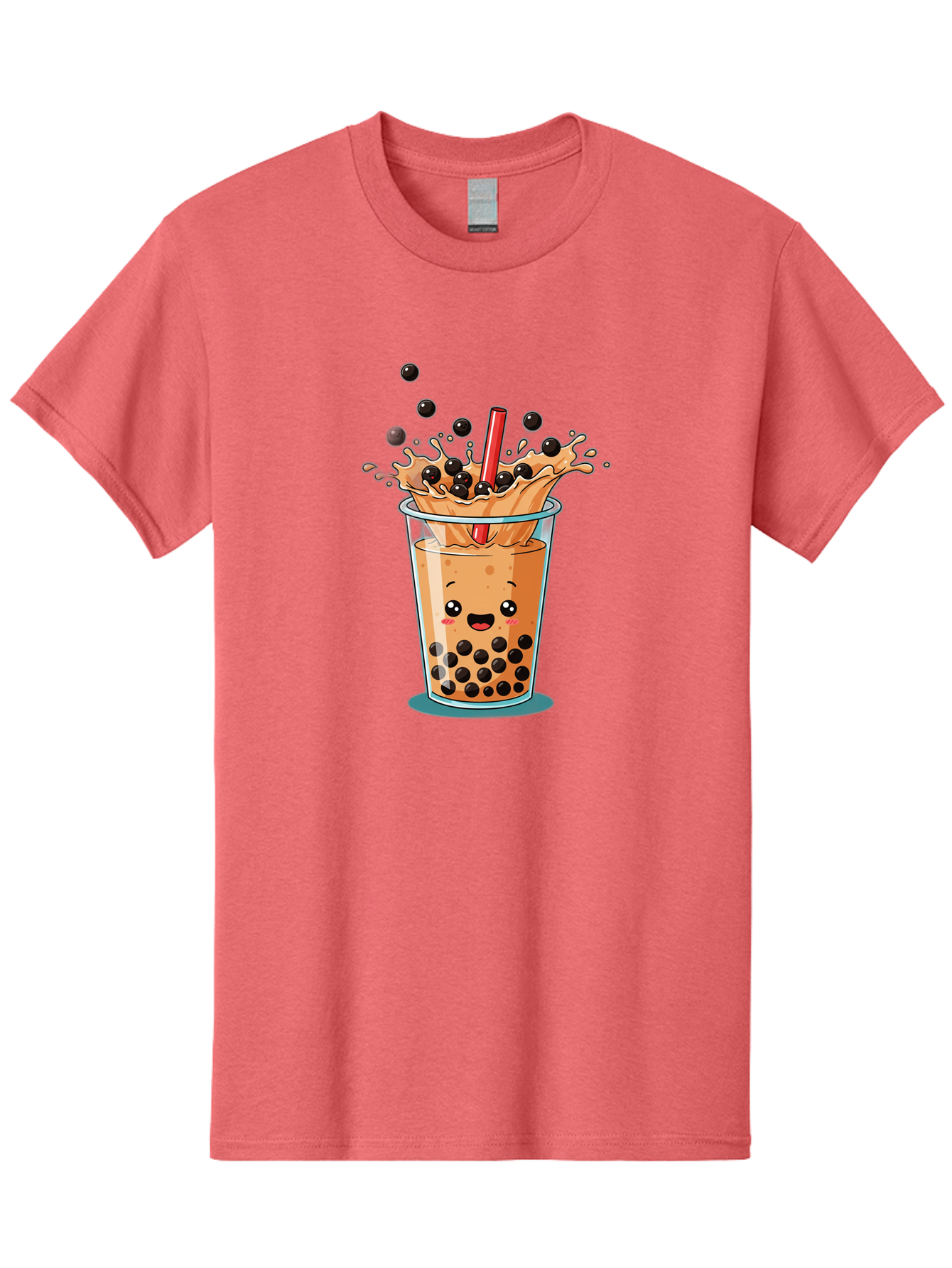 Boba-Drink Men'S Graphic Tee, 100% Cotton, Comfortable Casual Summer Wear, Machine Washable, Boba Tea, Milk Tea, Bubble Tea, Cartoon Illustration, Happy Face, Red Straw, Splashing Tapioca Pearls, Sweet Drink, Fun Beverage, Cute Design Bac646