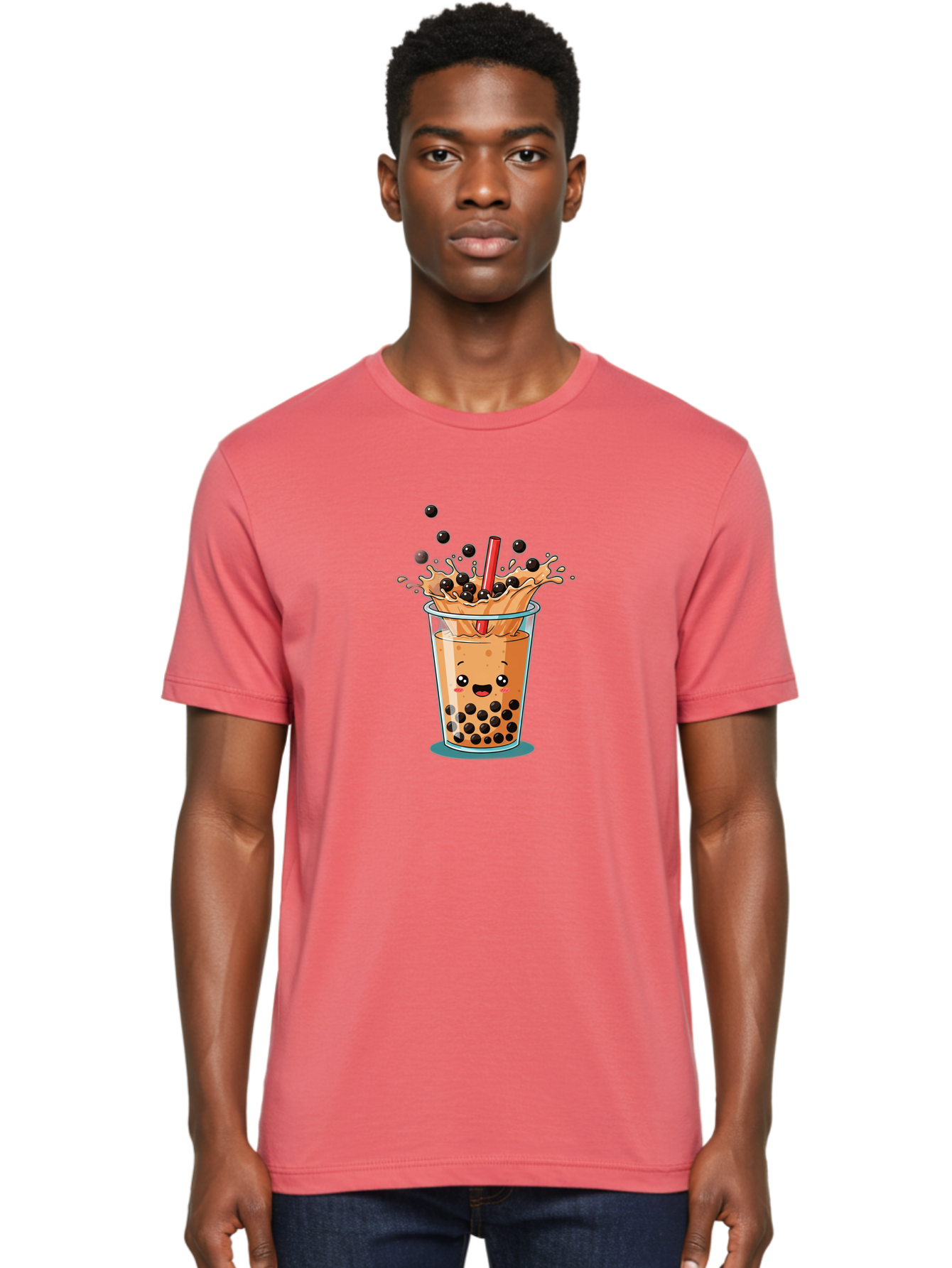 Boba-Drink Men'S Graphic Tee, 100% Cotton, Comfortable Casual Summer Wear, Machine Washable, Boba Tea, Milk Tea, Bubble Tea, Cartoon Illustration, Happy Face, Red Straw, Splashing Tapioca Pearls, Sweet Drink, Fun Beverage, Cute Design Bac646