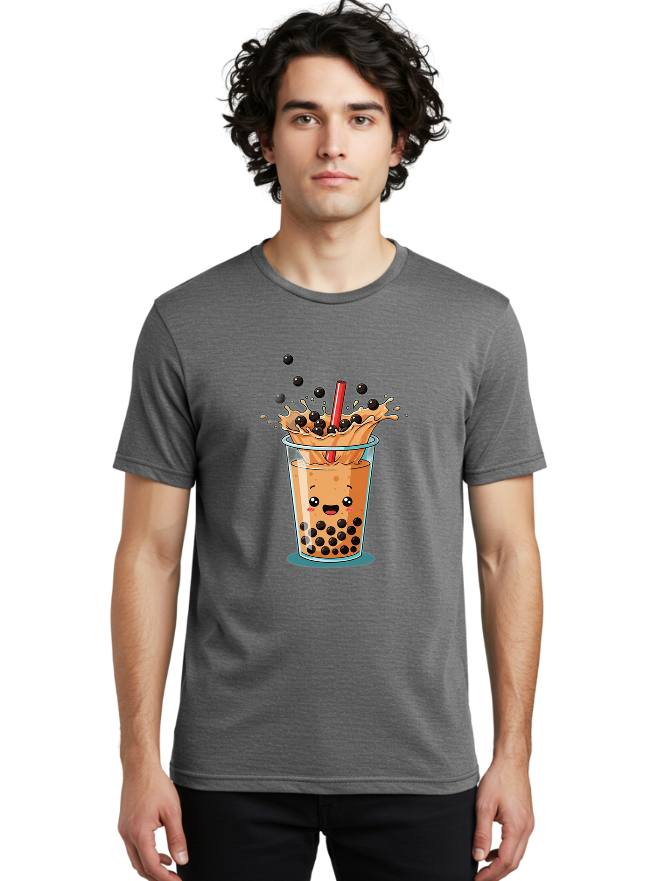 Boba-Drink Men'S Graphic Tee, 100% Cotton, Comfortable Casual Summer Wear, Machine Washable, Boba Tea, Milk Tea, Bubble Tea, Cartoon Illustration, Happy Face, Red Straw, Splashing Tapioca Pearls, Sweet Drink, Fun Beverage, Cute Design Bac646
