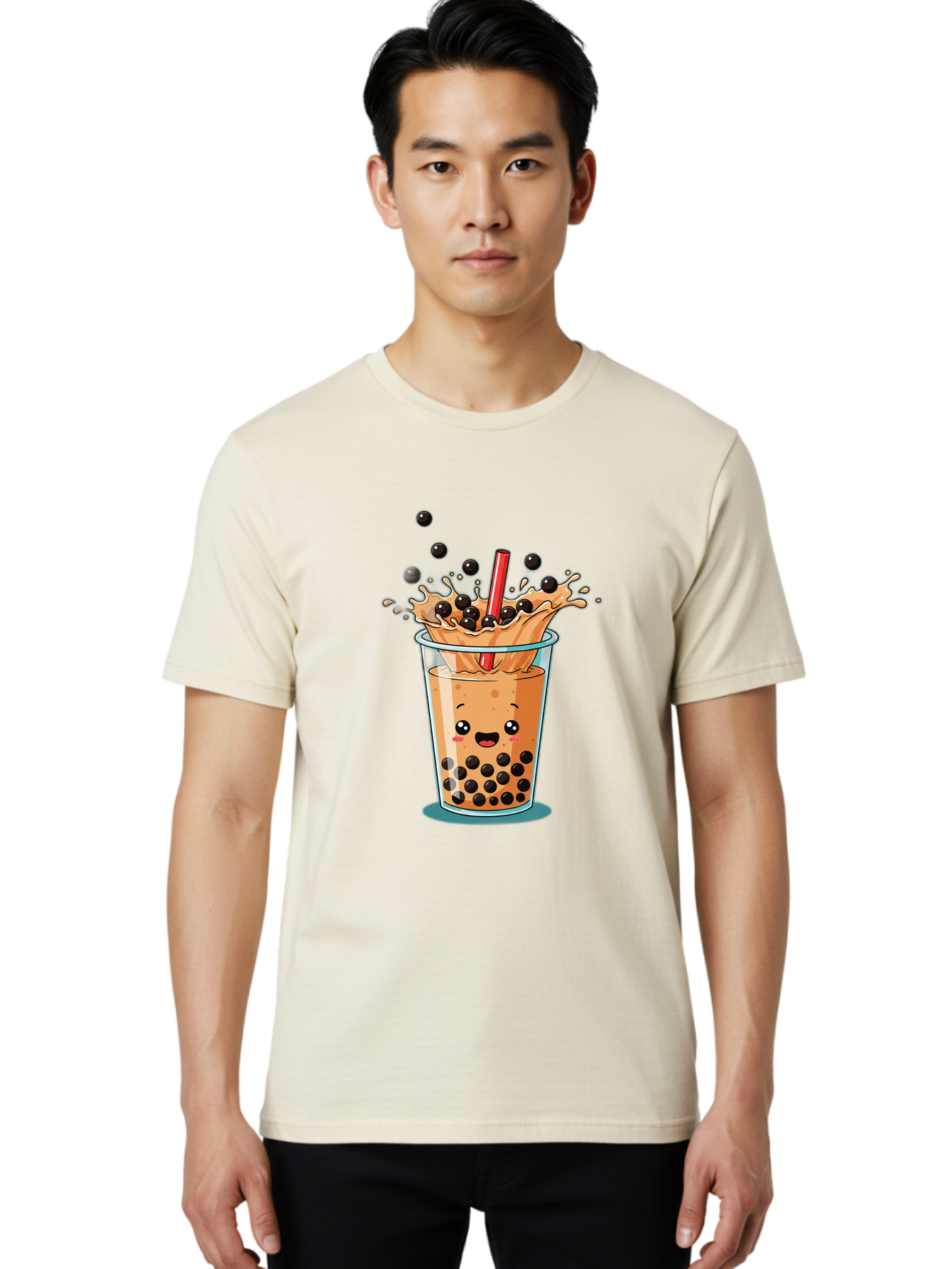 Boba-Drink Men'S Graphic Tee, 100% Cotton, Comfortable Casual Summer Wear, Machine Washable, Boba Tea, Milk Tea, Bubble Tea, Cartoon Illustration, Happy Face, Red Straw, Splashing Tapioca Pearls, Sweet Drink, Fun Beverage, Cute Design Bac646