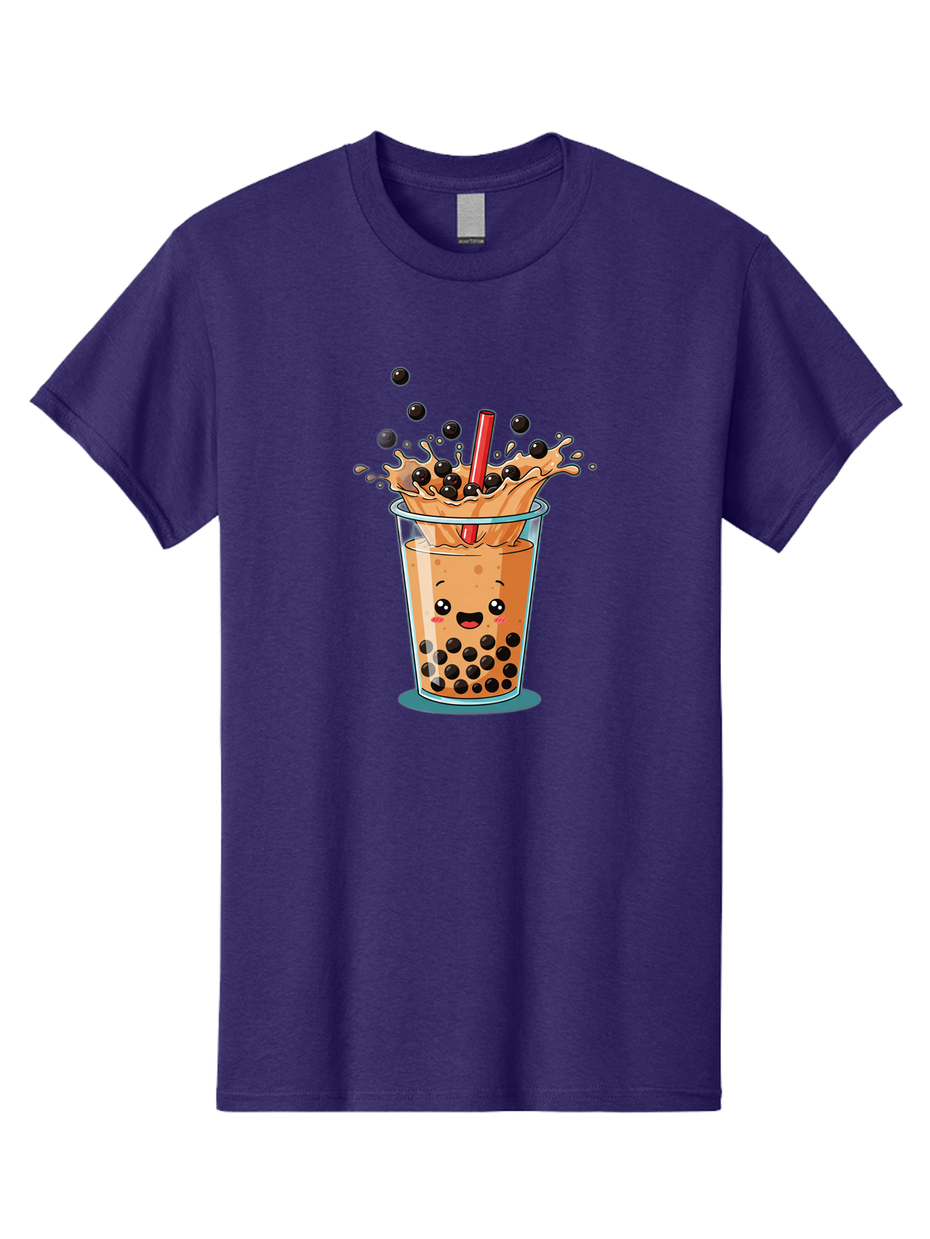 Boba-Drink Men'S Graphic Tee, 100% Cotton, Comfortable Casual Summer Wear, Machine Washable, Boba Tea, Milk Tea, Bubble Tea, Cartoon Illustration, Happy Face, Red Straw, Splashing Tapioca Pearls, Sweet Drink, Fun Beverage, Cute Design Bac646