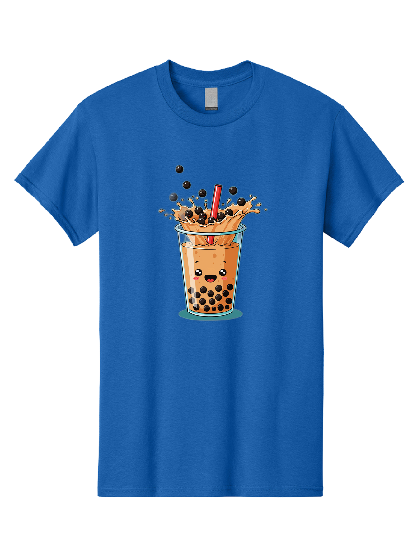 Boba-Drink Men'S Graphic Tee, 100% Cotton, Comfortable Casual Summer Wear, Machine Washable, Boba Tea, Milk Tea, Bubble Tea, Cartoon Illustration, Happy Face, Red Straw, Splashing Tapioca Pearls, Sweet Drink, Fun Beverage, Cute Design Bac646