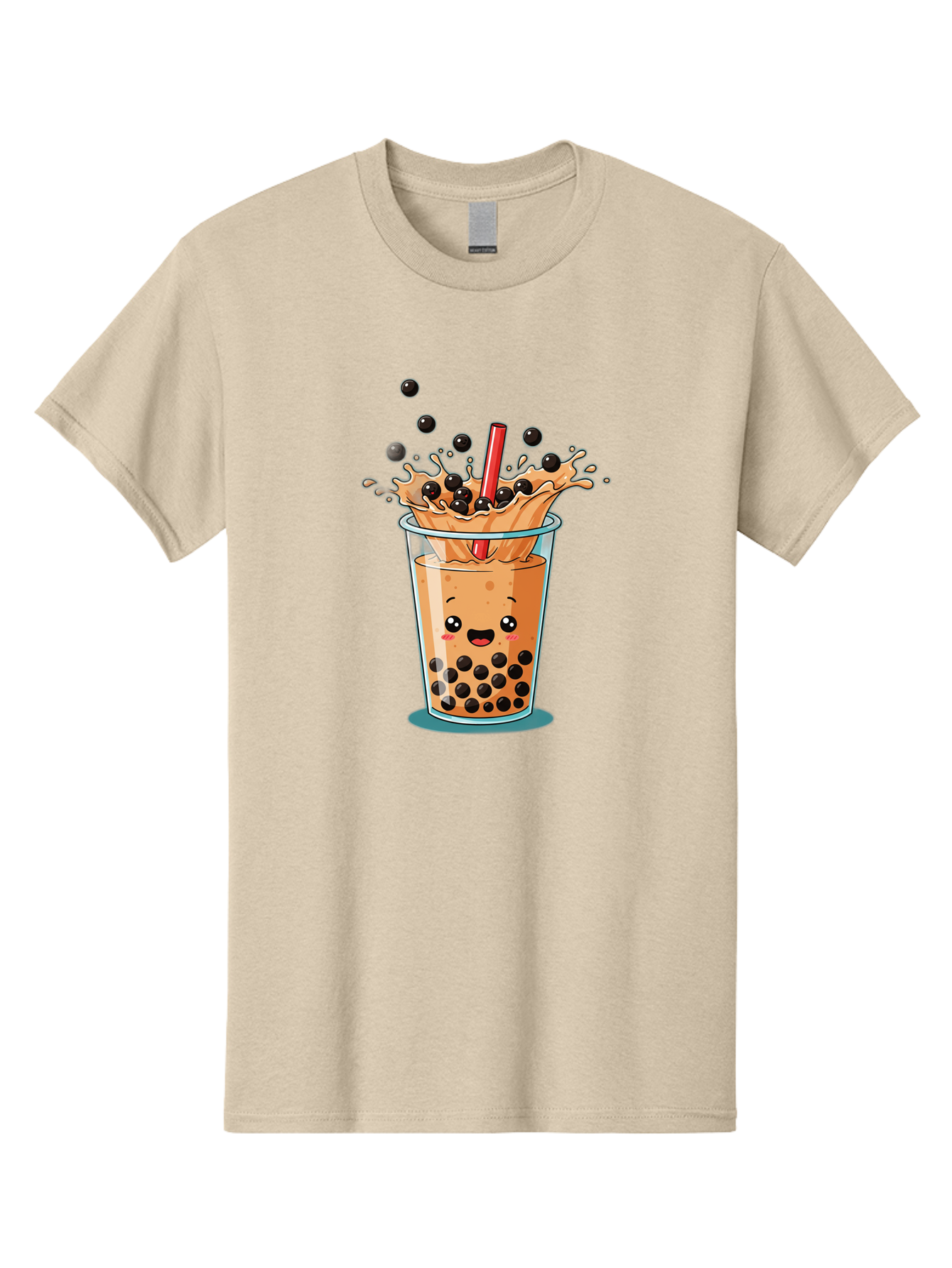 Boba-Drink Men'S Graphic Tee, 100% Cotton, Comfortable Casual Summer Wear, Machine Washable, Boba Tea, Milk Tea, Bubble Tea, Cartoon Illustration, Happy Face, Red Straw, Splashing Tapioca Pearls, Sweet Drink, Fun Beverage, Cute Design Bac646