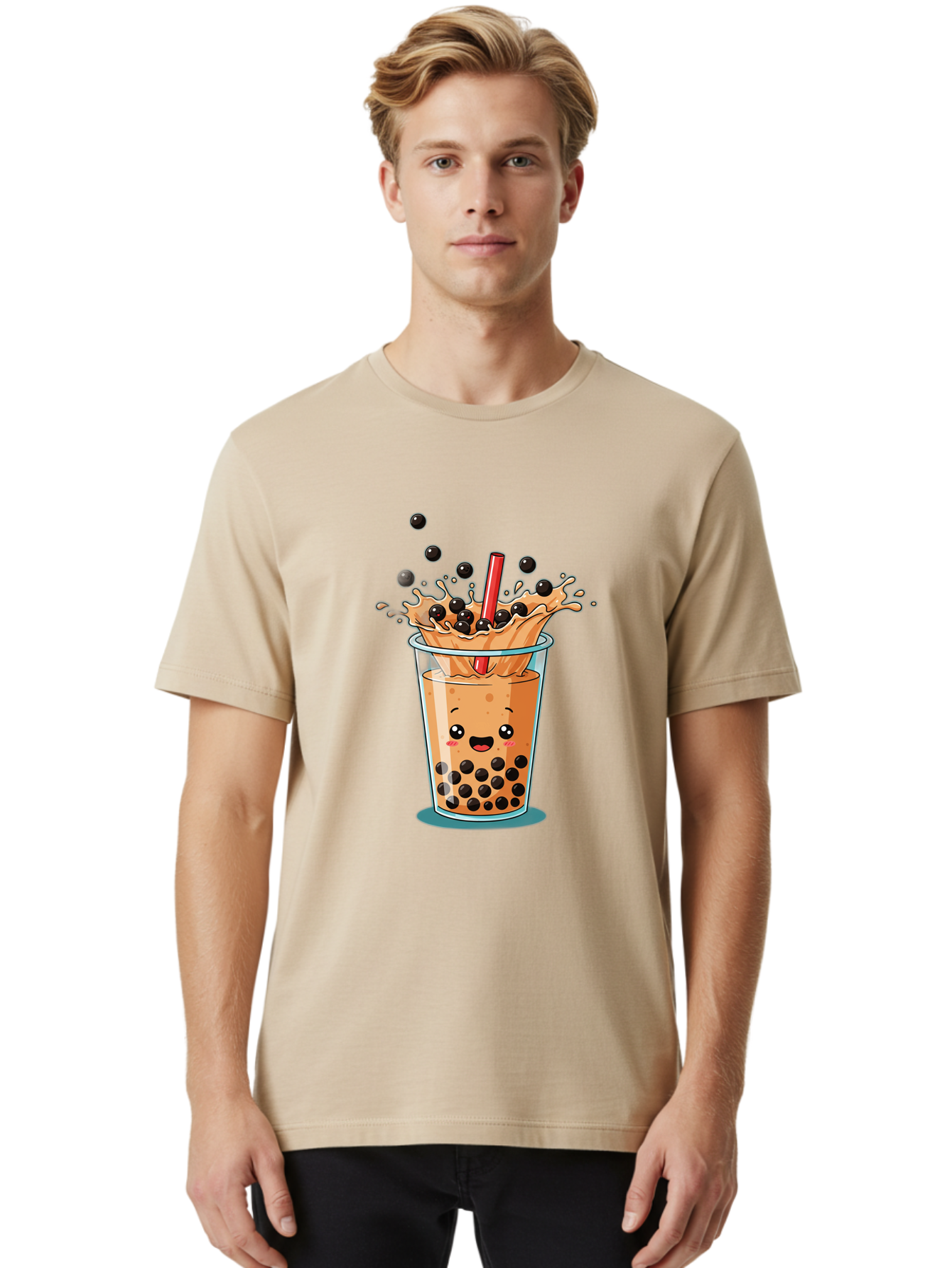 Boba-Drink Men'S Graphic Tee, 100% Cotton, Comfortable Casual Summer Wear, Machine Washable, Boba Tea, Milk Tea, Bubble Tea, Cartoon Illustration, Happy Face, Red Straw, Splashing Tapioca Pearls, Sweet Drink, Fun Beverage, Cute Design Bac646