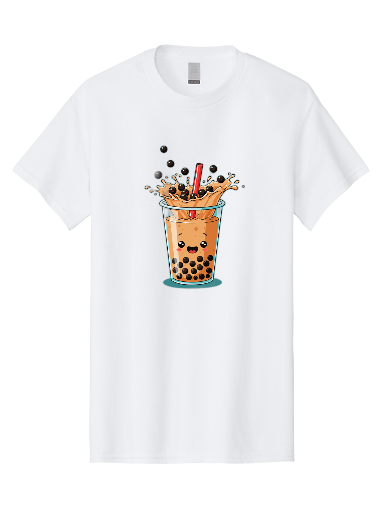 Boba-Drink Men'S Graphic Tee, 100% Cotton, Comfortable Casual Summer Wear, Machine Washable, Boba Tea, Milk Tea, Bubble Tea, Cartoon Illustration, Happy Face, Red Straw, Splashing Tapioca Pearls, Sweet Drink, Fun Beverage, Cute Design Bac646