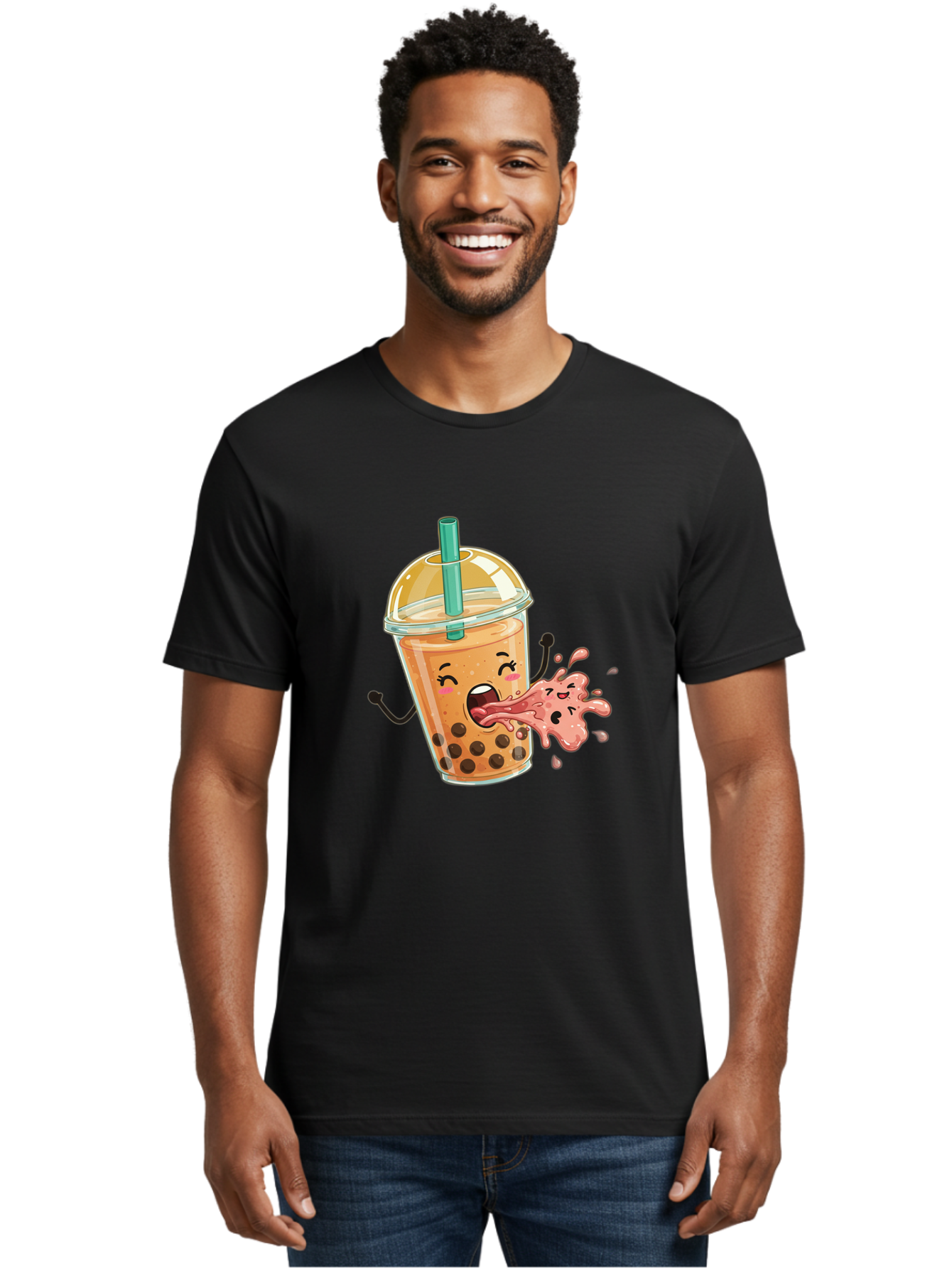 Boba-Face Men'S Graphic Tee, 100% Cotton, Comfortable Casual Summer Wear, Machine Washable, Cartoon Bubble Tea, Boba Drink, Spitting Tea, Cute Character, Funny Illustration, Kawaii Art, Tea Lover, Bubble Tea Lover, Straw, Boba, Milk Tea Bac647
