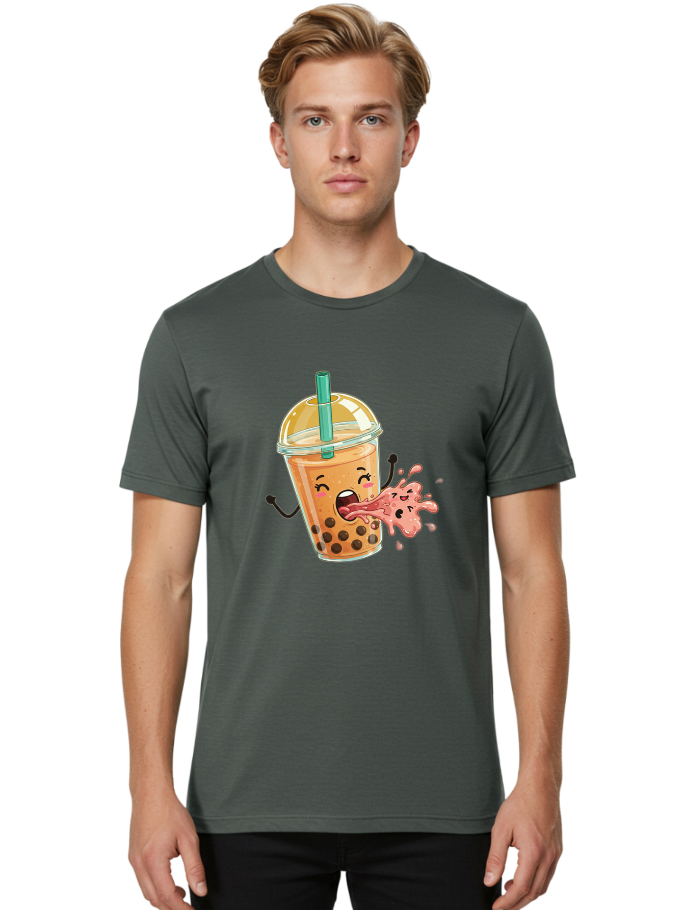 Boba-Face Men'S Graphic Tee, 100% Cotton, Comfortable Casual Summer Wear, Machine Washable, Cartoon Bubble Tea, Boba Drink, Spitting Tea, Cute Character, Funny Illustration, Kawaii Art, Tea Lover, Bubble Tea Lover, Straw, Boba, Milk Tea Bac647