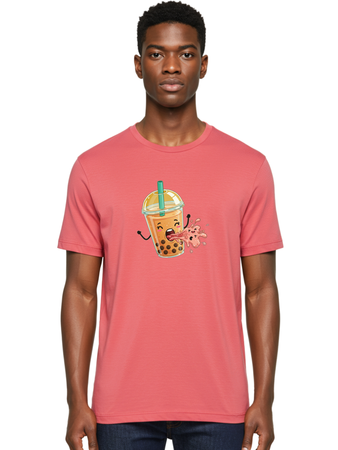 Boba-Face Men'S Graphic Tee, 100% Cotton, Comfortable Casual Summer Wear, Machine Washable, Cartoon Bubble Tea, Boba Drink, Spitting Tea, Cute Character, Funny Illustration, Kawaii Art, Tea Lover, Bubble Tea Lover, Straw, Boba, Milk Tea Bac647
