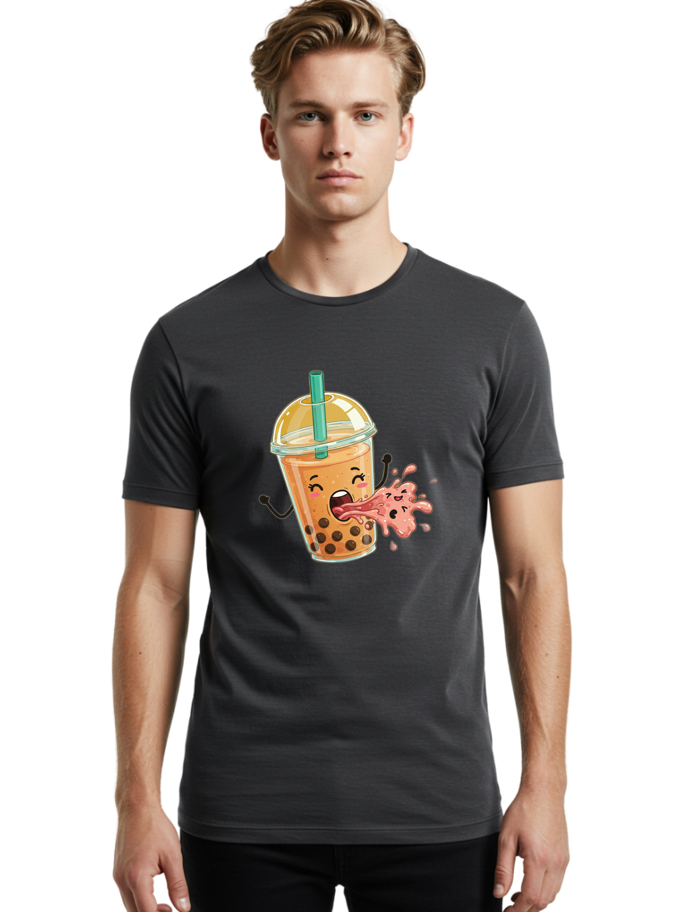 Boba-Face Men'S Graphic Tee, 100% Cotton, Comfortable Casual Summer Wear, Machine Washable, Cartoon Bubble Tea, Boba Drink, Spitting Tea, Cute Character, Funny Illustration, Kawaii Art, Tea Lover, Bubble Tea Lover, Straw, Boba, Milk Tea Bac647