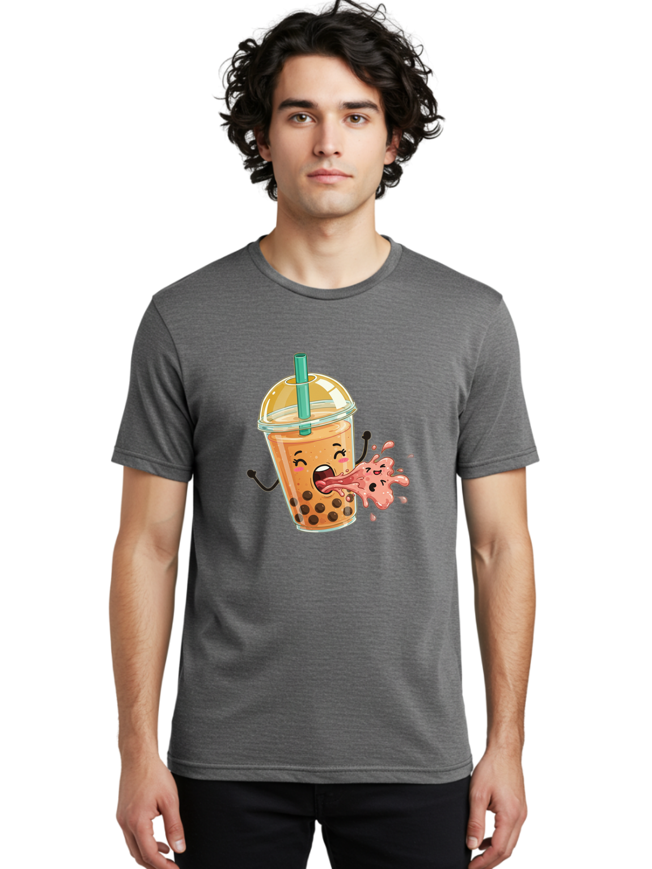 Boba-Face Men'S Graphic Tee, 100% Cotton, Comfortable Casual Summer Wear, Machine Washable, Cartoon Bubble Tea, Boba Drink, Spitting Tea, Cute Character, Funny Illustration, Kawaii Art, Tea Lover, Bubble Tea Lover, Straw, Boba, Milk Tea Bac647