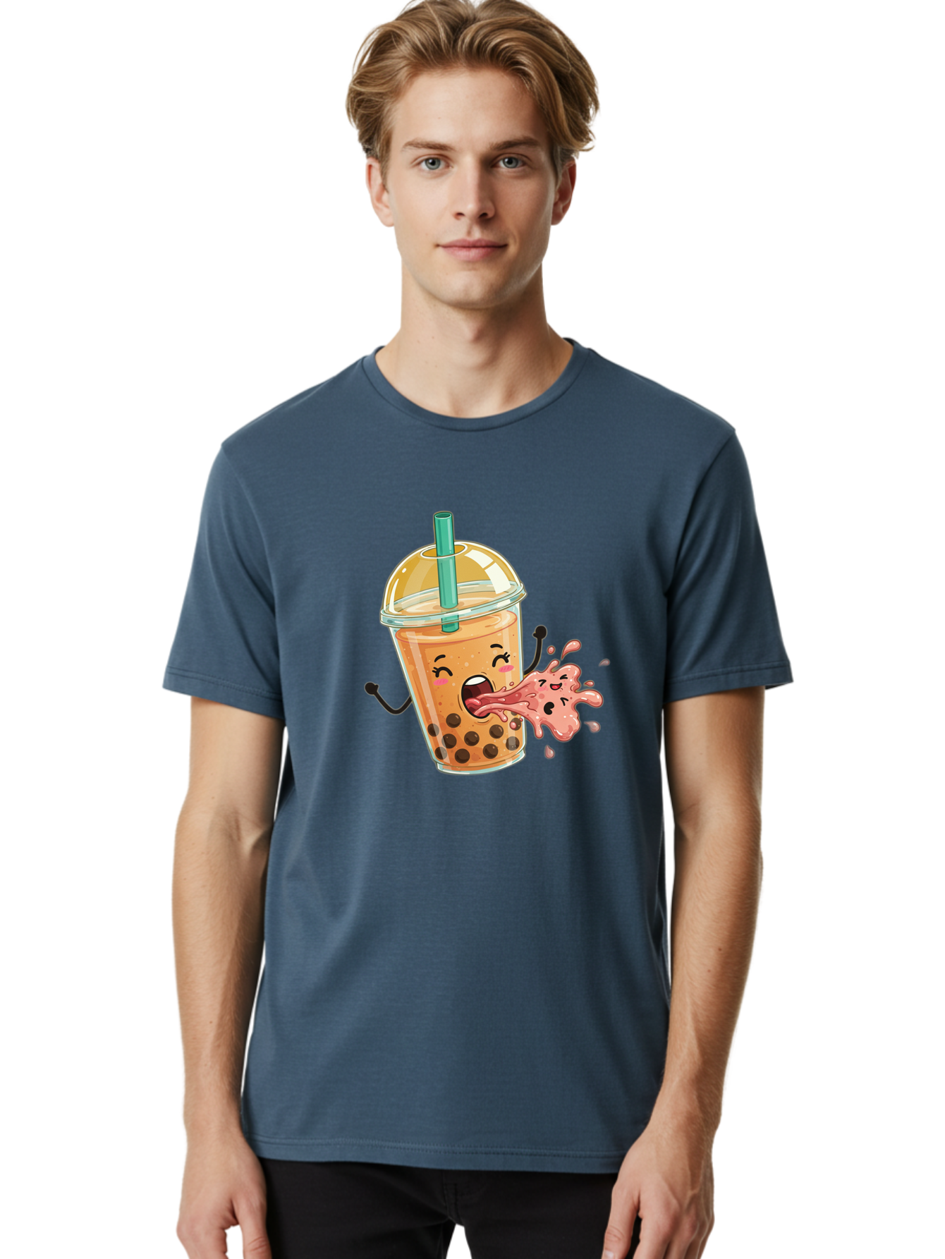 Boba-Face Men'S Graphic Tee, 100% Cotton, Comfortable Casual Summer Wear, Machine Washable, Cartoon Bubble Tea, Boba Drink, Spitting Tea, Cute Character, Funny Illustration, Kawaii Art, Tea Lover, Bubble Tea Lover, Straw, Boba, Milk Tea Bac647