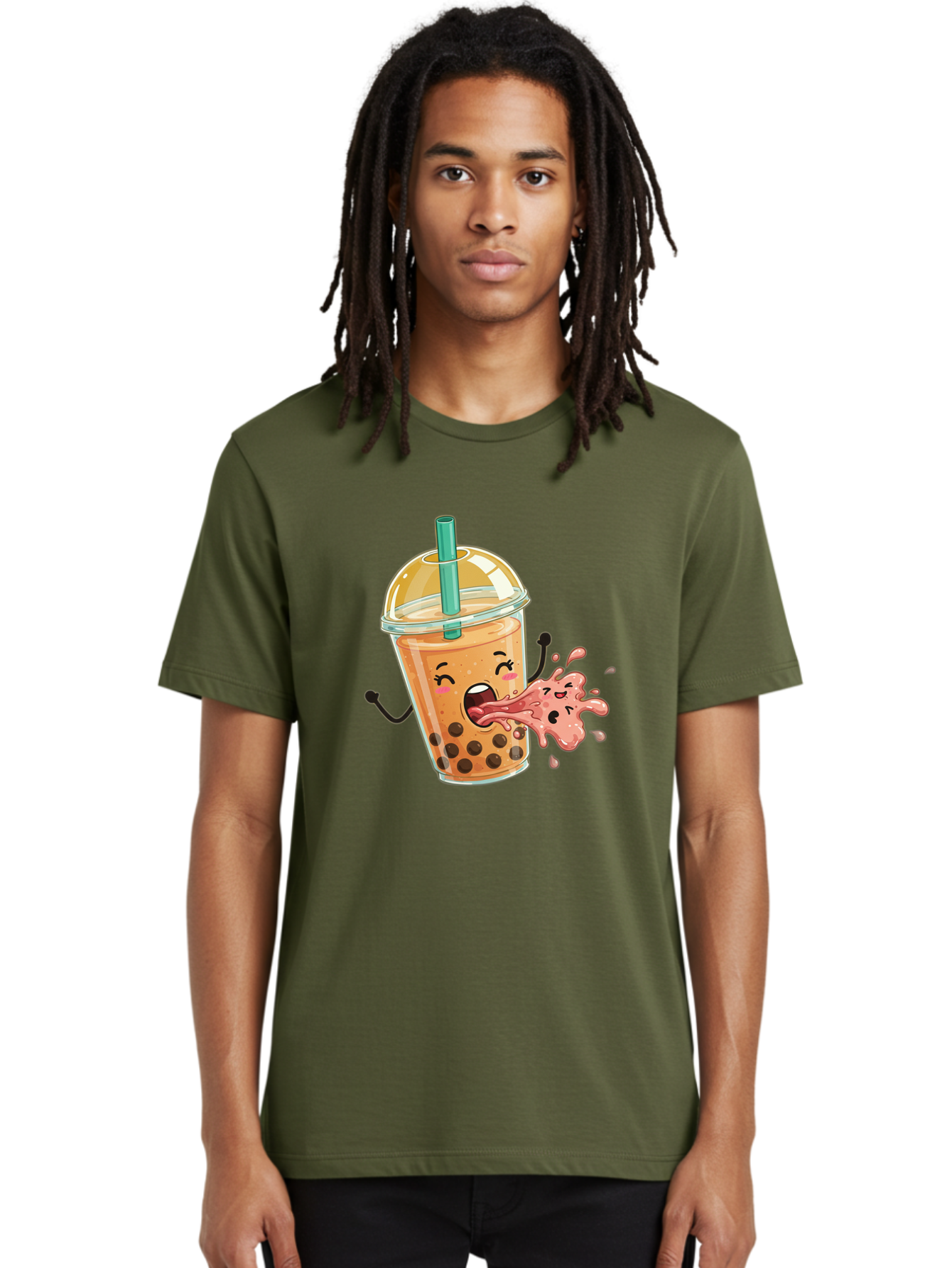 Boba-Face Men'S Graphic Tee, 100% Cotton, Comfortable Casual Summer Wear, Machine Washable, Cartoon Bubble Tea, Boba Drink, Spitting Tea, Cute Character, Funny Illustration, Kawaii Art, Tea Lover, Bubble Tea Lover, Straw, Boba, Milk Tea Bac647