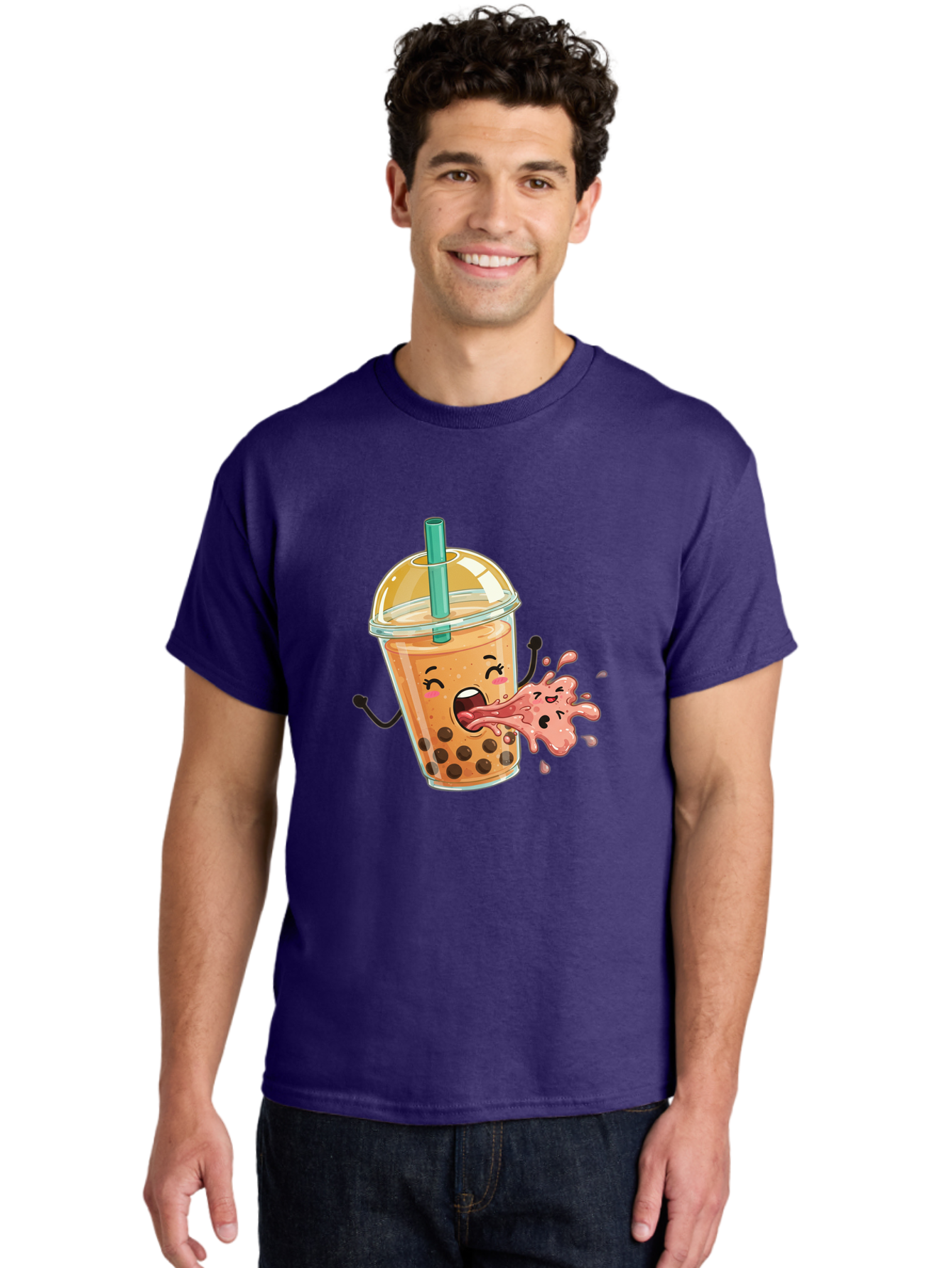 Boba-Face Men'S Graphic Tee, 100% Cotton, Comfortable Casual Summer Wear, Machine Washable, Cartoon Bubble Tea, Boba Drink, Spitting Tea, Cute Character, Funny Illustration, Kawaii Art, Tea Lover, Bubble Tea Lover, Straw, Boba, Milk Tea Bac647