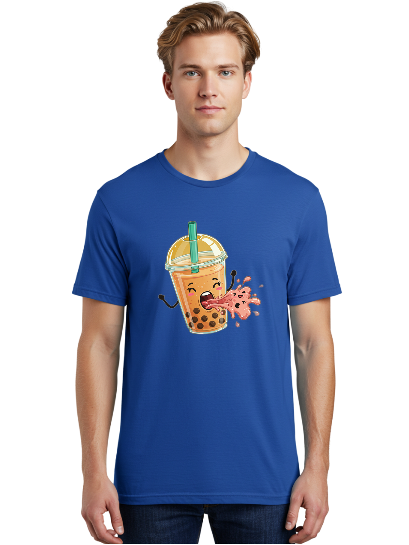 Boba-Face Men'S Graphic Tee, 100% Cotton, Comfortable Casual Summer Wear, Machine Washable, Cartoon Bubble Tea, Boba Drink, Spitting Tea, Cute Character, Funny Illustration, Kawaii Art, Tea Lover, Bubble Tea Lover, Straw, Boba, Milk Tea Bac647