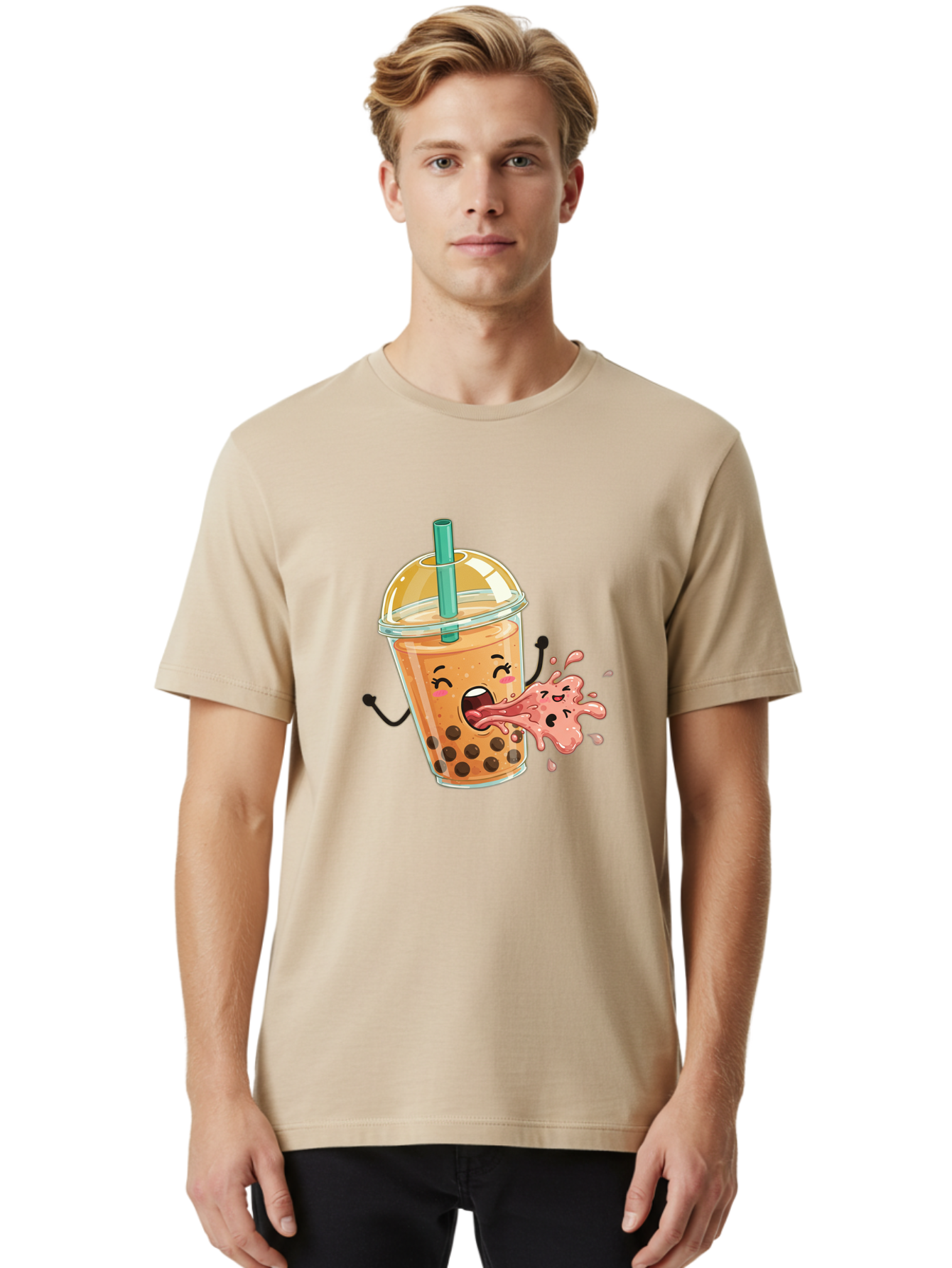 Boba-Face Men'S Graphic Tee, 100% Cotton, Comfortable Casual Summer Wear, Machine Washable, Cartoon Bubble Tea, Boba Drink, Spitting Tea, Cute Character, Funny Illustration, Kawaii Art, Tea Lover, Bubble Tea Lover, Straw, Boba, Milk Tea Bac647
