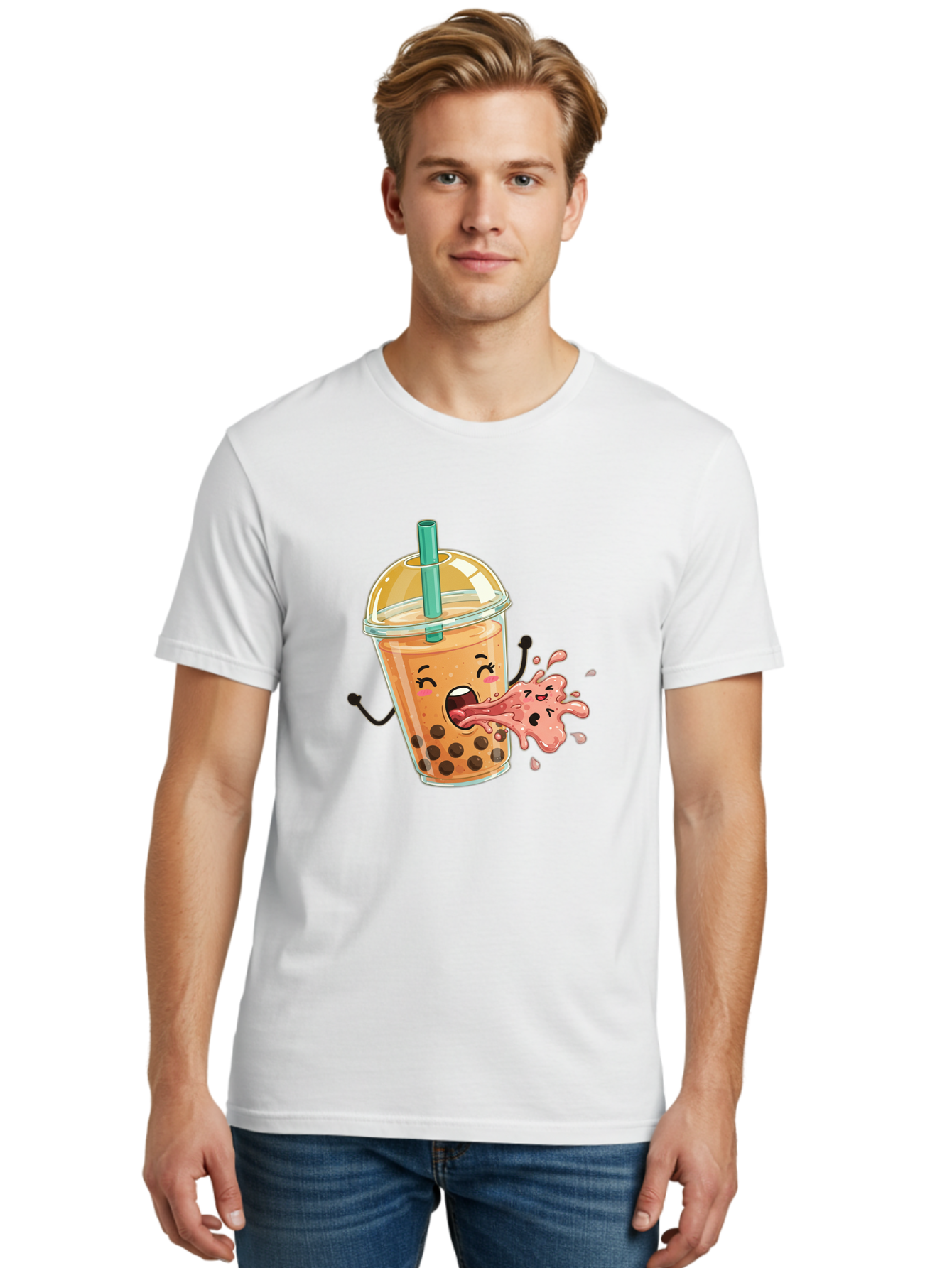 Boba-Face Men'S Graphic Tee, 100% Cotton, Comfortable Casual Summer Wear, Machine Washable, Cartoon Bubble Tea, Boba Drink, Spitting Tea, Cute Character, Funny Illustration, Kawaii Art, Tea Lover, Bubble Tea Lover, Straw, Boba, Milk Tea Bac647