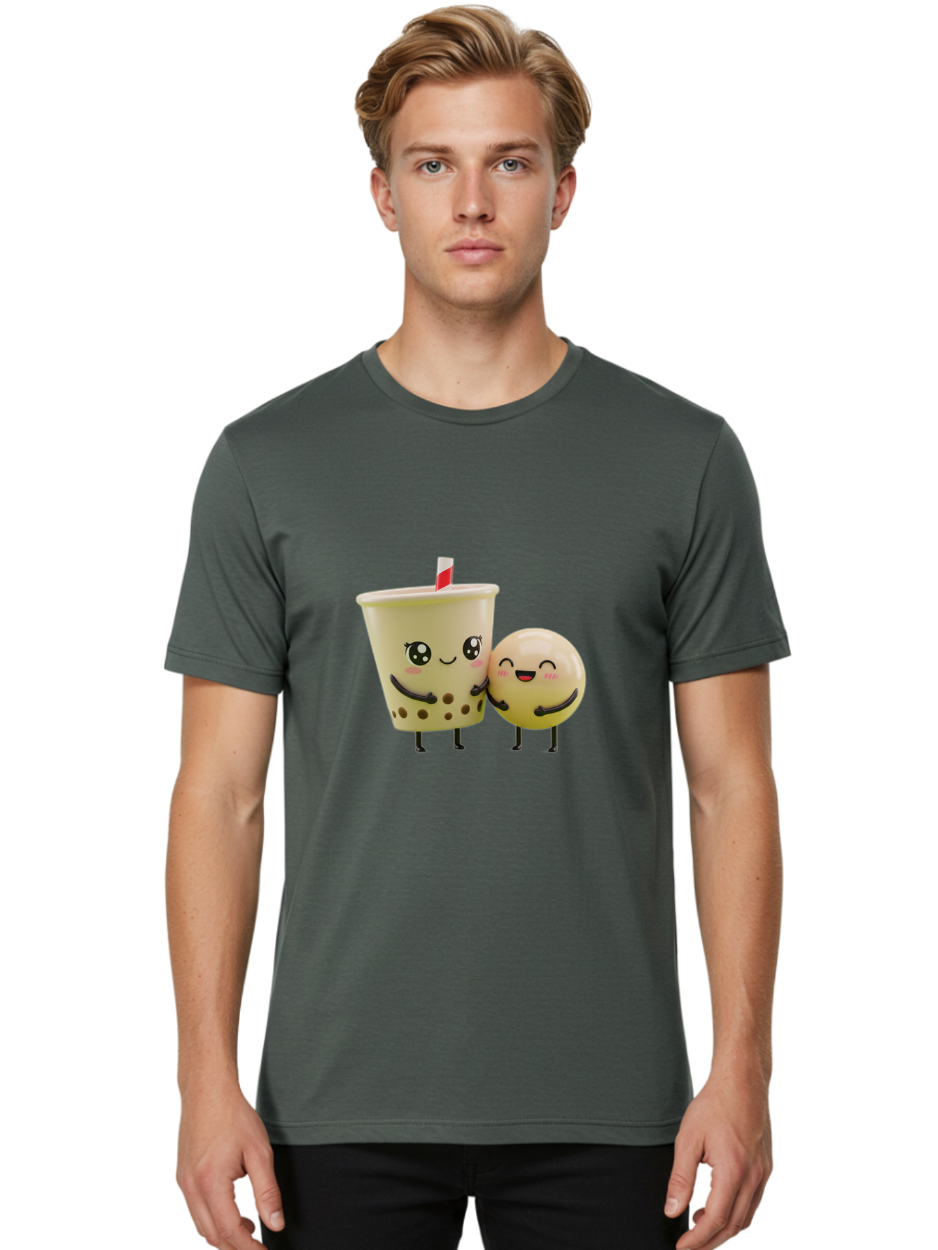 Boba-Friends Men'S Graphic Tee, 100% Cotton, Comfortable Casual Summer Wear, Machine Washable, Boba Tea, Milk Tea, Cartoon Characters, Smiling Faces, Happy Boba, Tea Lovers, Bubble Tea, Cute Illustrations, Friendly Duo, Bubble Tea Culture, Bac648