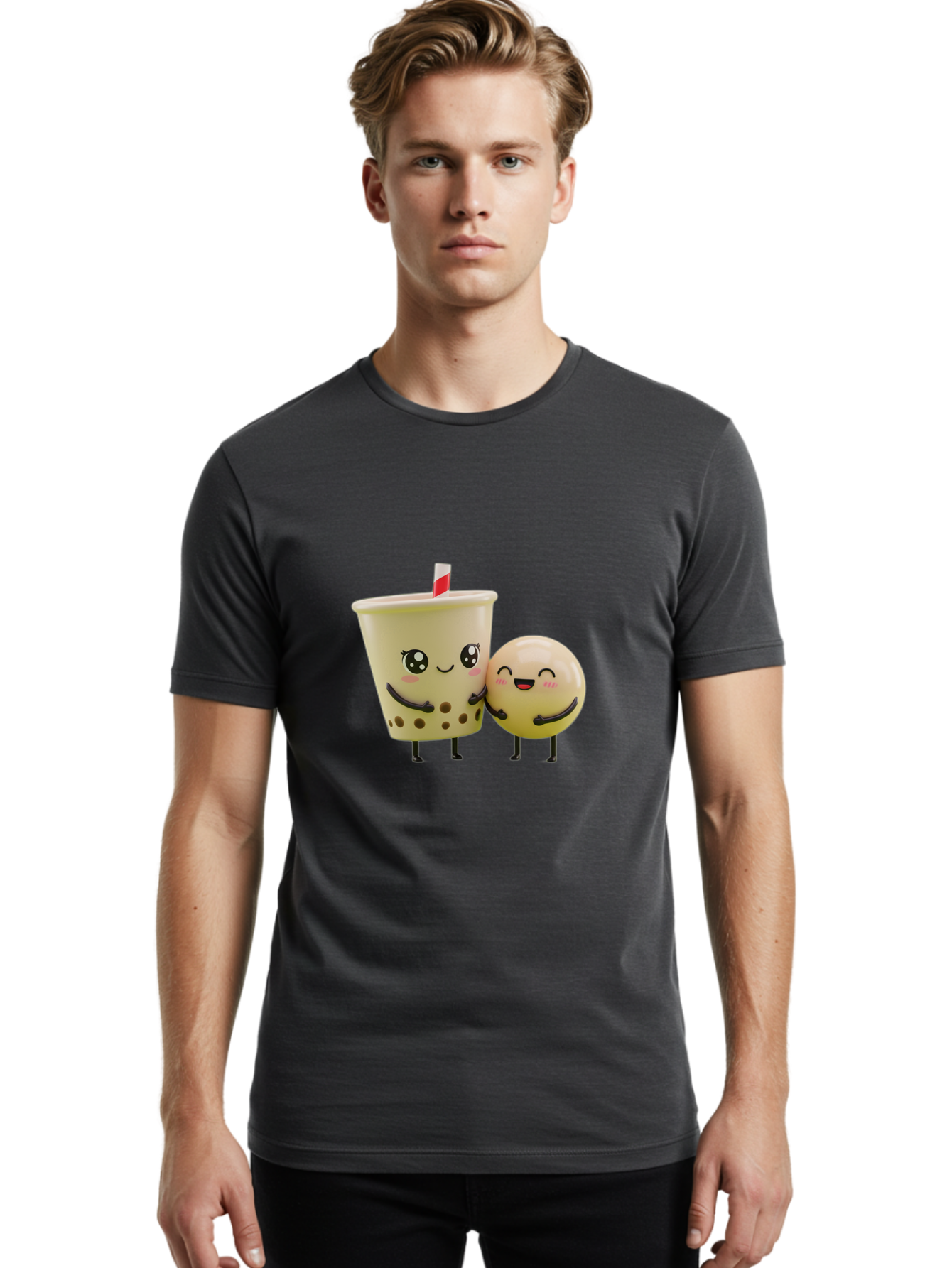 Boba-Friends Men'S Graphic Tee, 100% Cotton, Comfortable Casual Summer Wear, Machine Washable, Boba Tea, Milk Tea, Cartoon Characters, Smiling Faces, Happy Boba, Tea Lovers, Bubble Tea, Cute Illustrations, Friendly Duo, Bubble Tea Culture, Bac648
