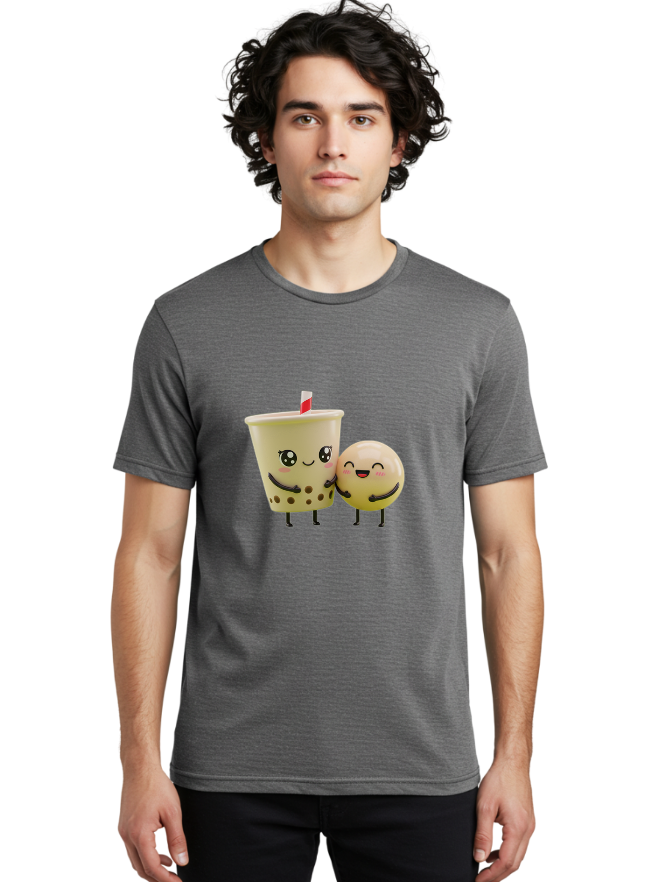 Boba-Friends Men'S Graphic Tee, 100% Cotton, Comfortable Casual Summer Wear, Machine Washable, Boba Tea, Milk Tea, Cartoon Characters, Smiling Faces, Happy Boba, Tea Lovers, Bubble Tea, Cute Illustrations, Friendly Duo, Bubble Tea Culture, Bac648