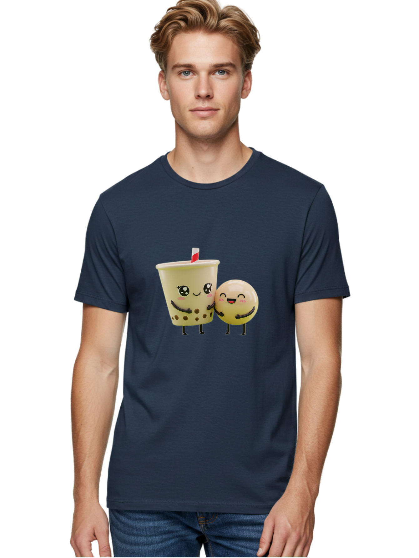 Boba-Friends Men'S Graphic Tee, 100% Cotton, Comfortable Casual Summer Wear, Machine Washable, Boba Tea, Milk Tea, Cartoon Characters, Smiling Faces, Happy Boba, Tea Lovers, Bubble Tea, Cute Illustrations, Friendly Duo, Bubble Tea Culture, Bac648